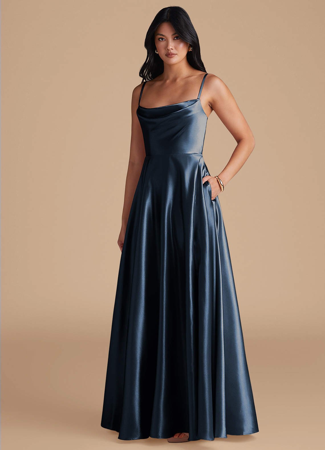 Elle A-Line Cowl-Neck Metallic Satin Bridesmaid Dress in Dark Navy