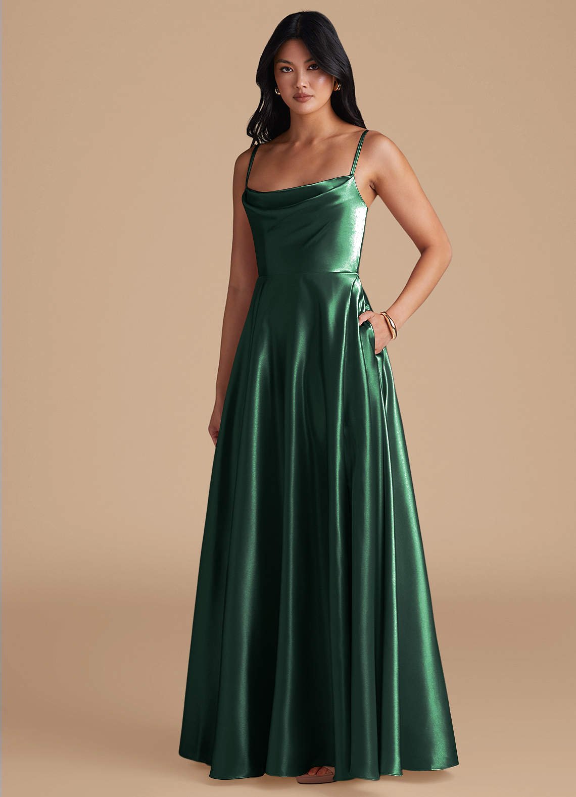 Elle A-Line Cowl-Neck Metallic Satin Bridesmaid Dress in Dark Green