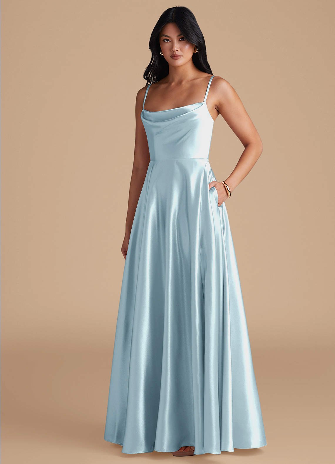 Elle A-Line Cowl-Neck Metallic Satin Bridesmaid Dress in Sky Blue
