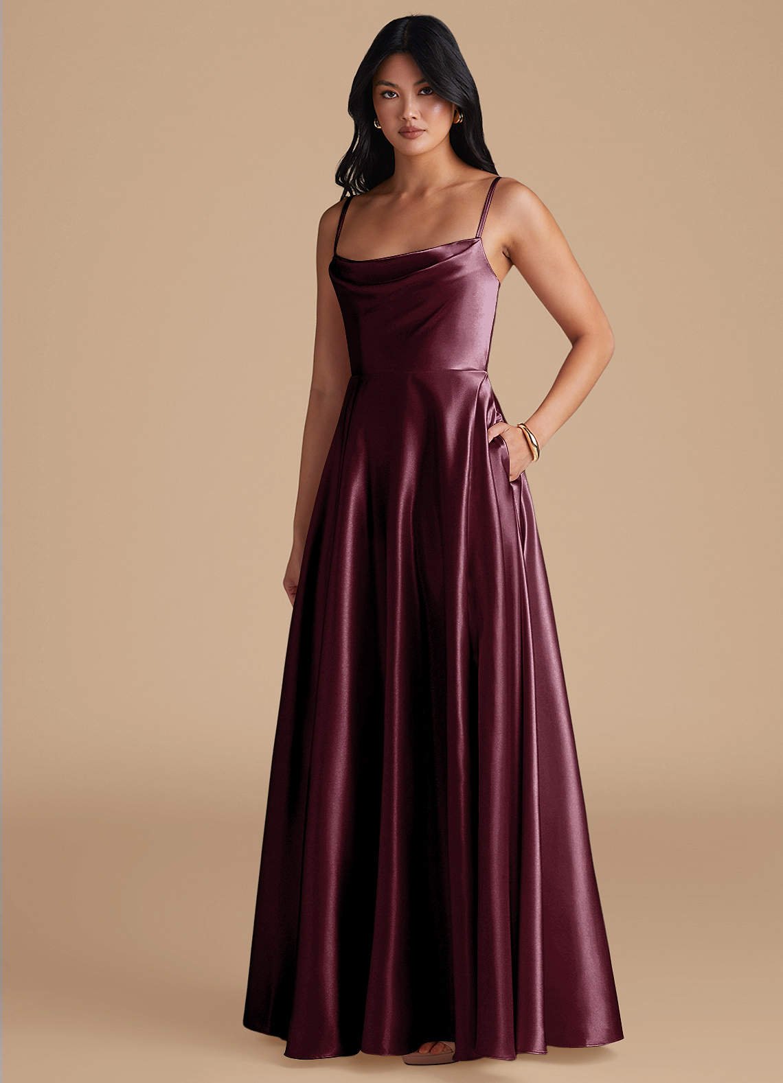 Elle A-Line Cowl-Neck Metallic Satin Bridesmaid Dress in Cabernet