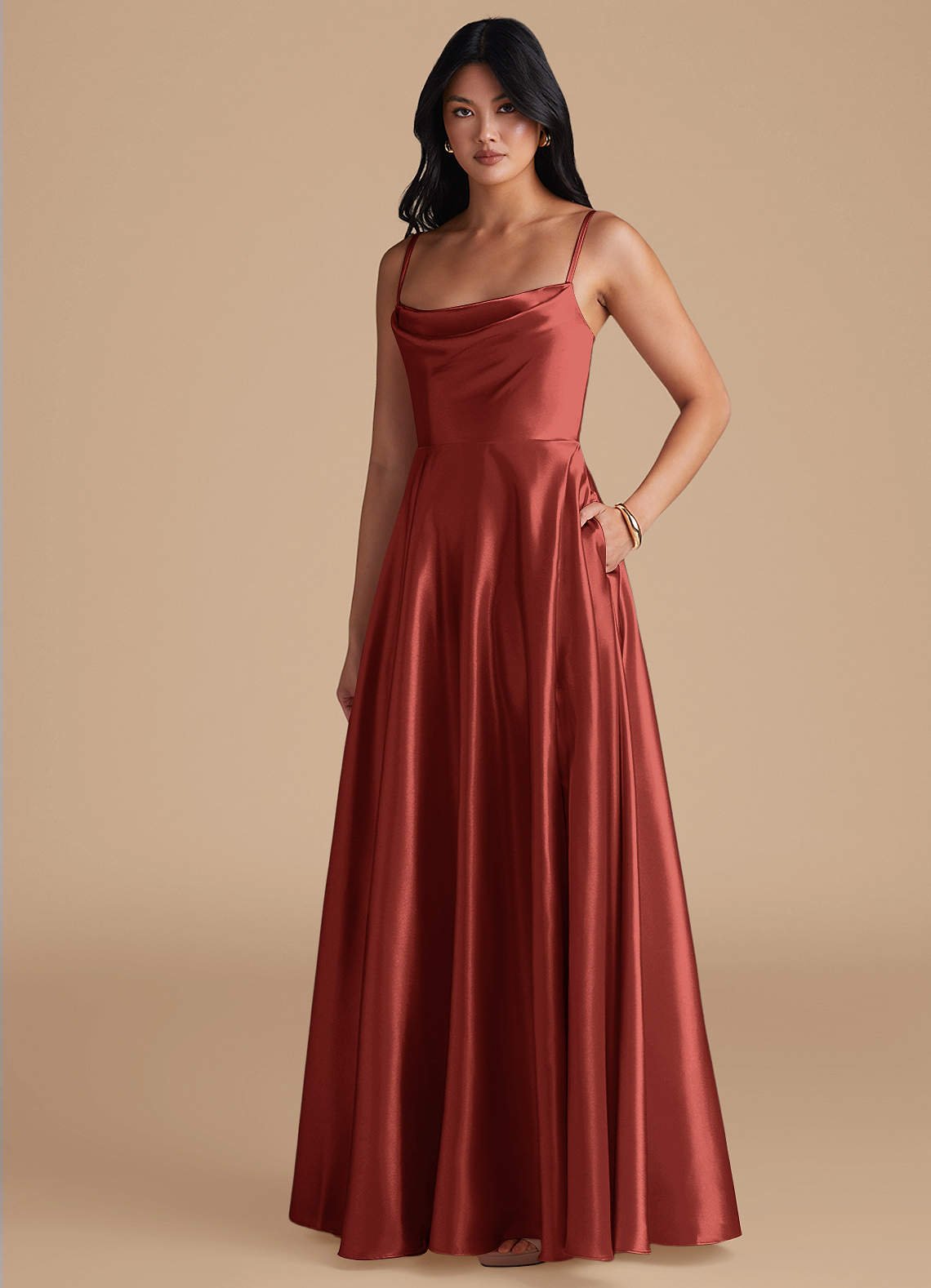 Elle A-Line Cowl-Neck Metallic Satin Bridesmaid Dress in Terracotta