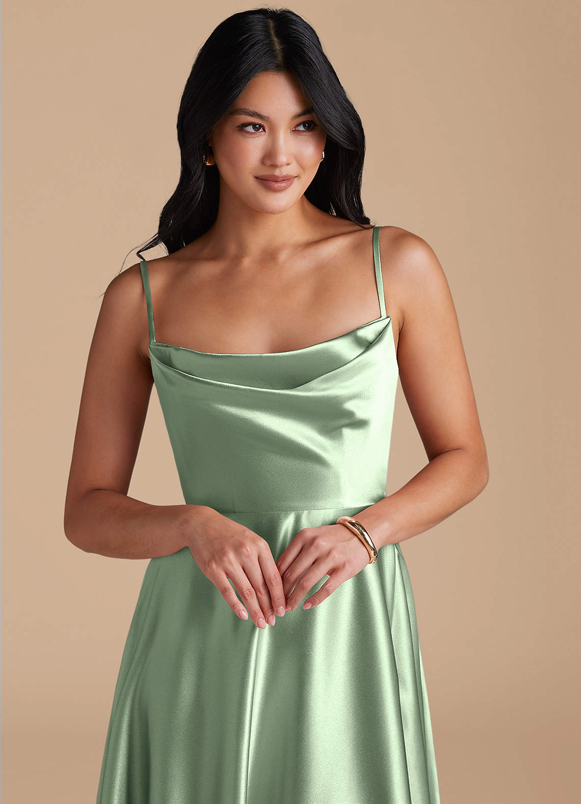 Elle A-Line Cowl-Neck Metallic Satin Bridesmaid Dress in Matcha