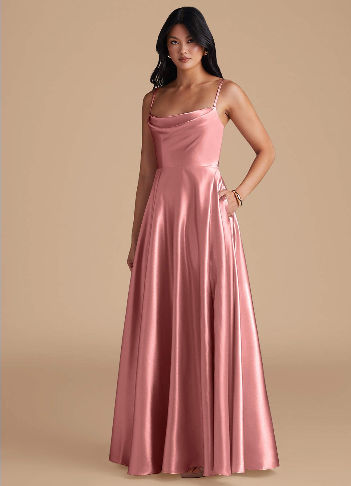 Elle A-Line Cowl-Neck Metallic Satin Bridesmaid Dress in Rosette