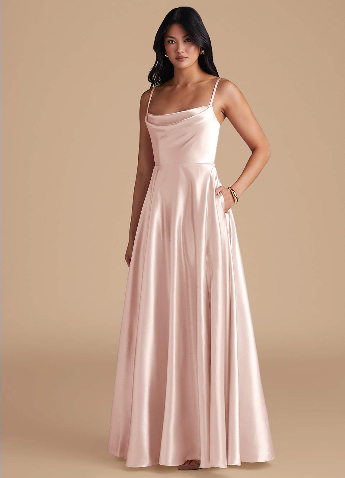 Elle A-Line Cowl-Neck Metallic Satin Bridesmaid Dress in Blushing Pink