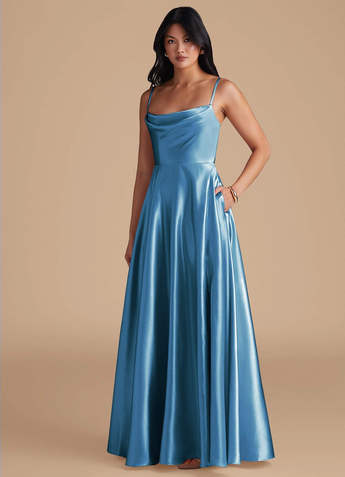Elle A-Line Cowl-Neck Metallic Satin Bridesmaid Dress in Steel Blue
