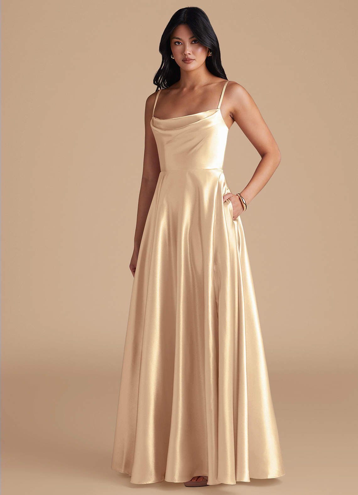Elle A-Line Cowl-Neck Metallic Satin Bridesmaid Dress in Gold