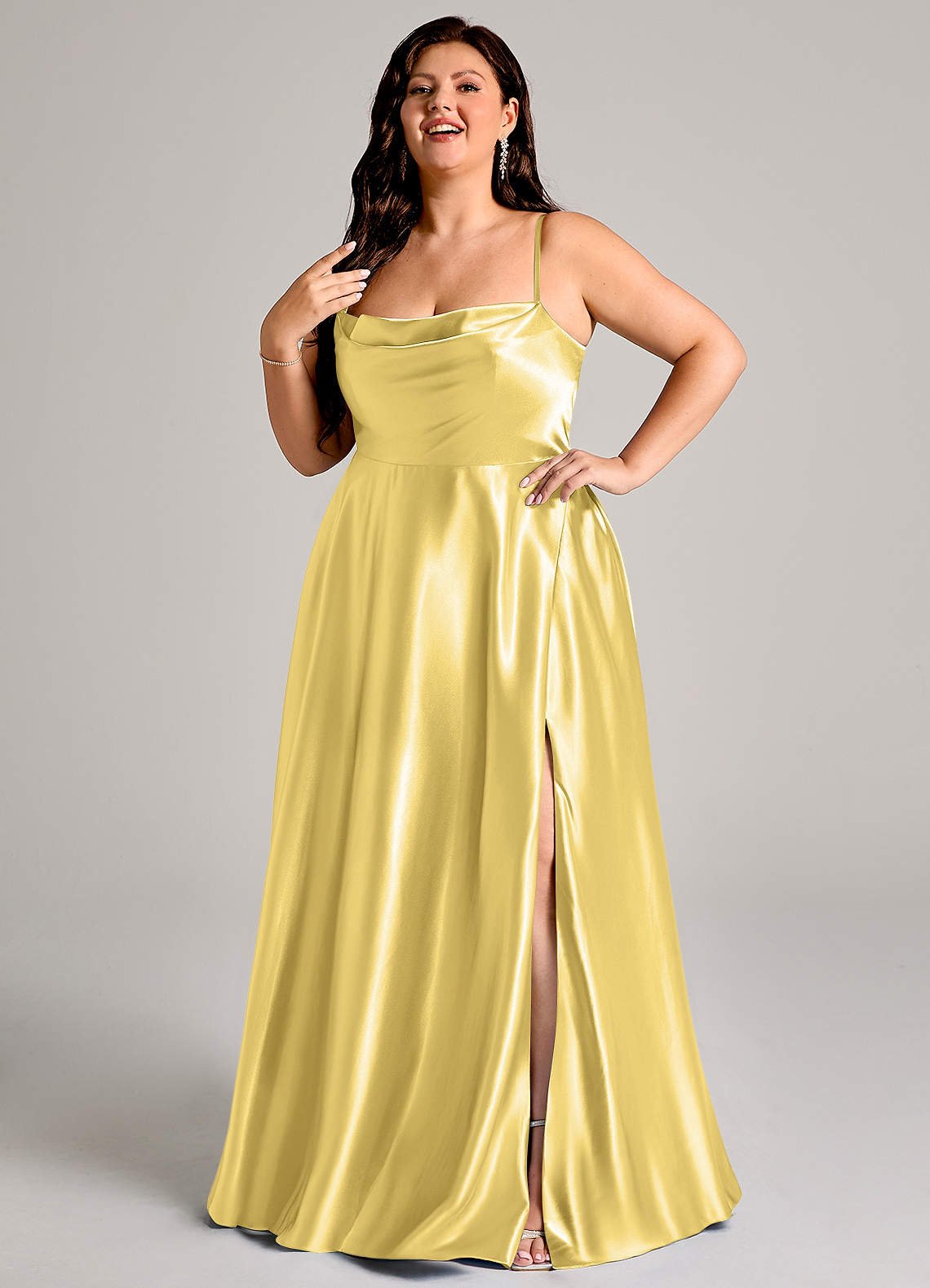 Elle A-Line Cowl-Neck Metallic Satin Bridesmaid Dress in Canary