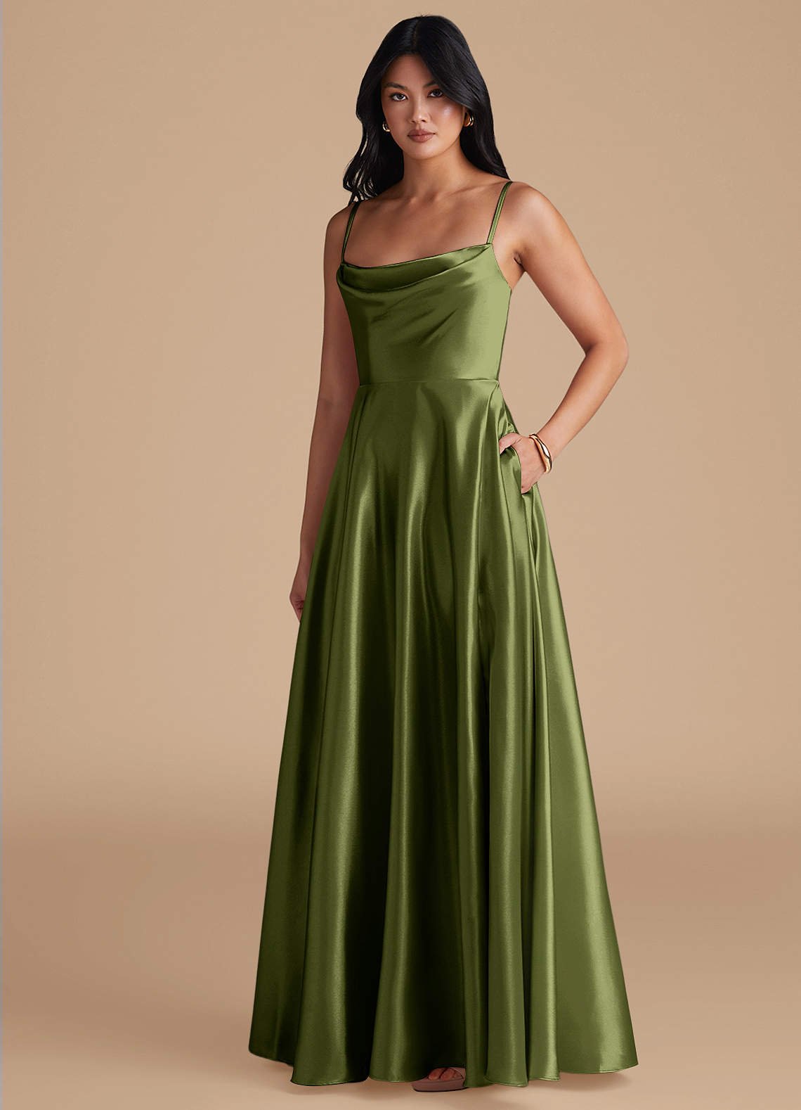 Elle A-Line Cowl-Neck Metallic Satin Bridesmaid Dress in Olive