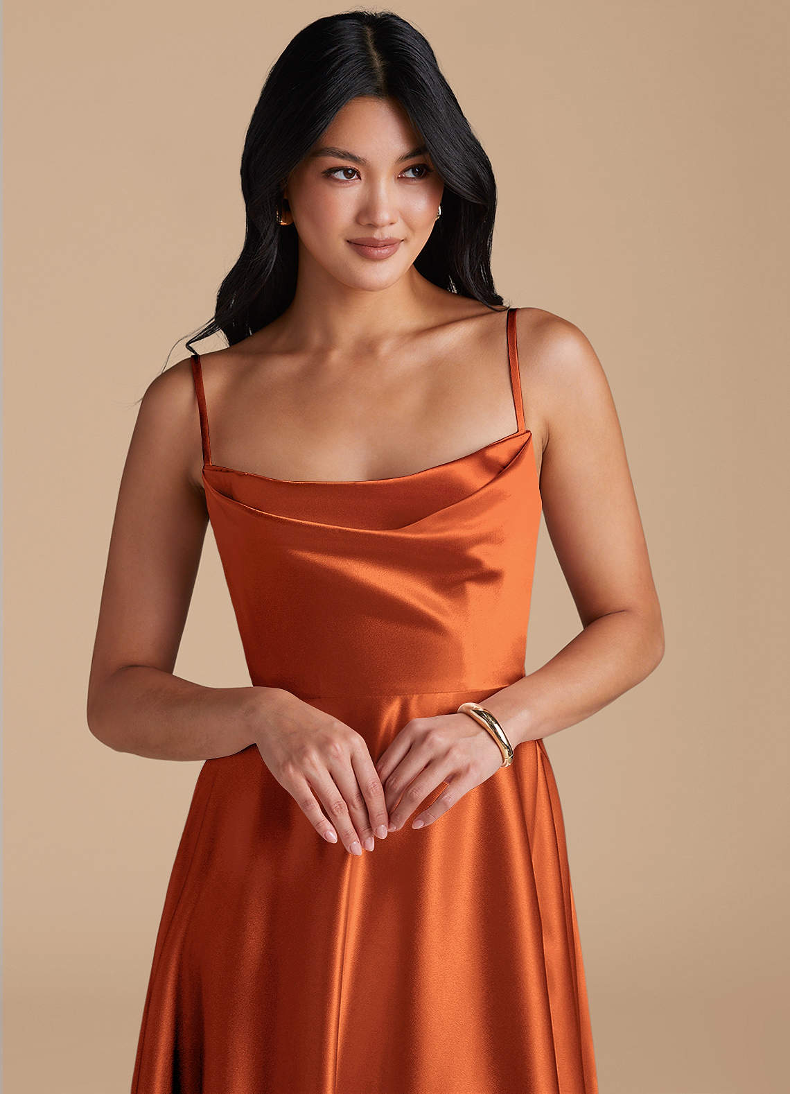 Elle A-Line Cowl-Neck Metallic Satin Bridesmaid Dress in Burnt Orange