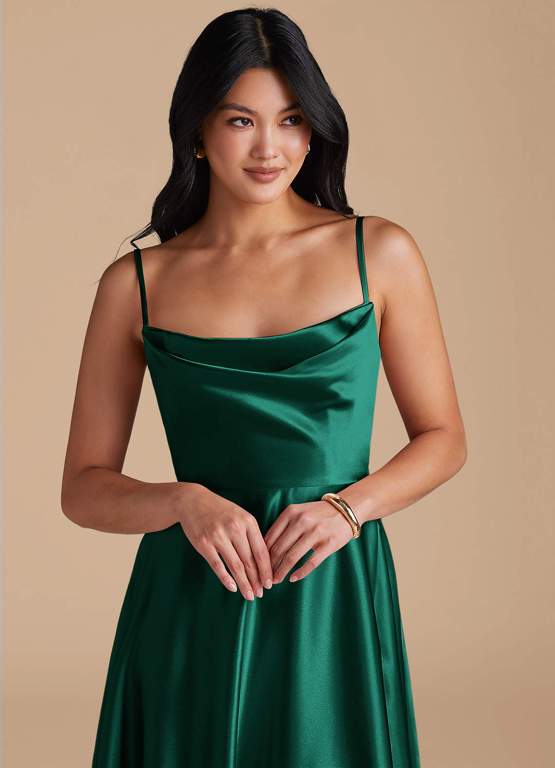 Elle A-Line Cowl-Neck Metallic Satin Bridesmaid Dress in Emerald