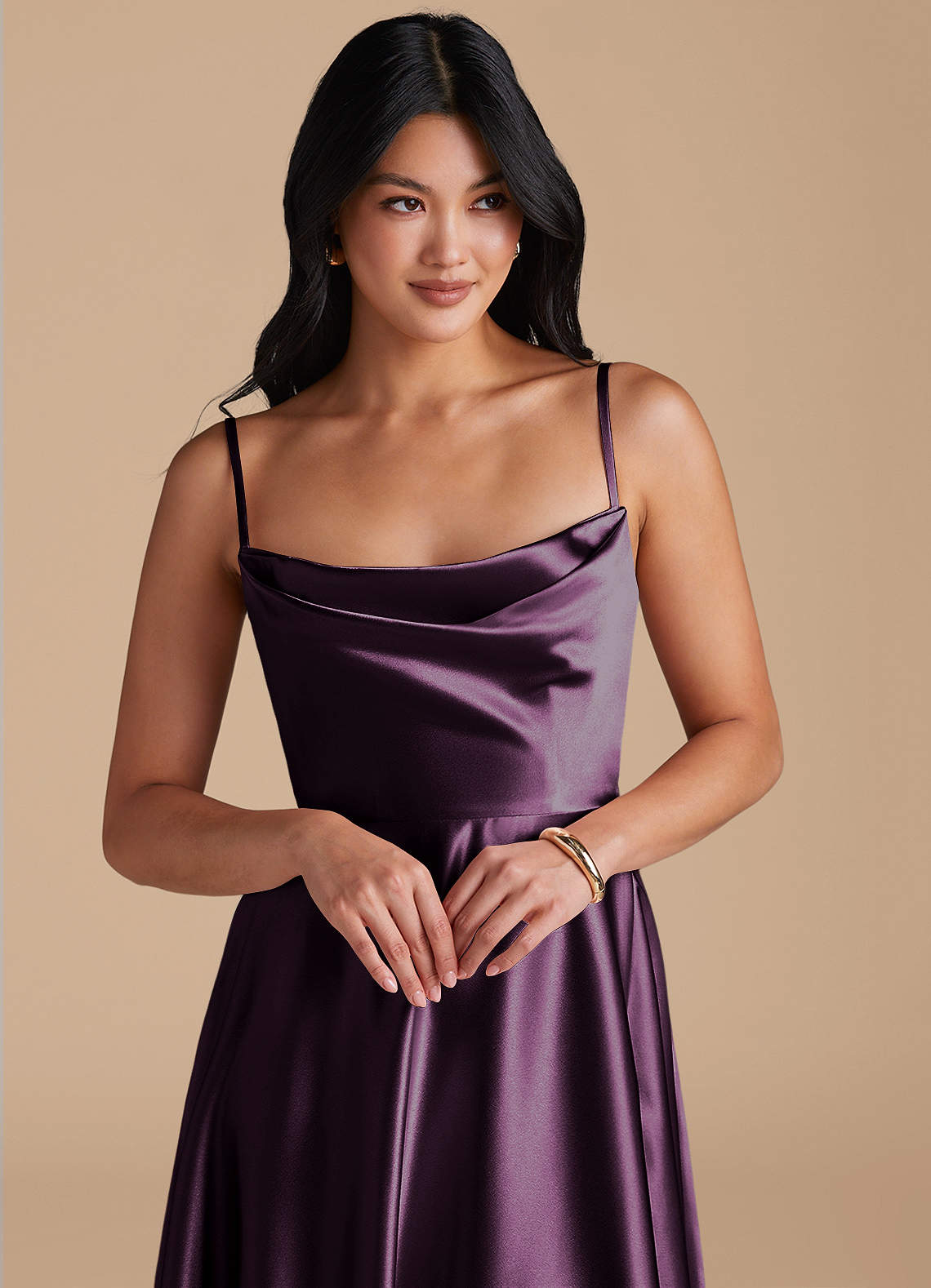 Elle A-Line Cowl-Neck Metallic Satin Bridesmaid Dress in Plum