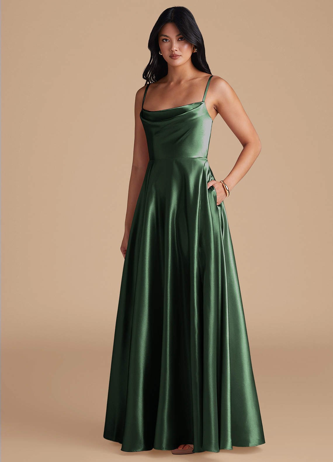Elle A-Line Cowl-Neck Metallic Satin Bridesmaid Dress in Eucalyptus
