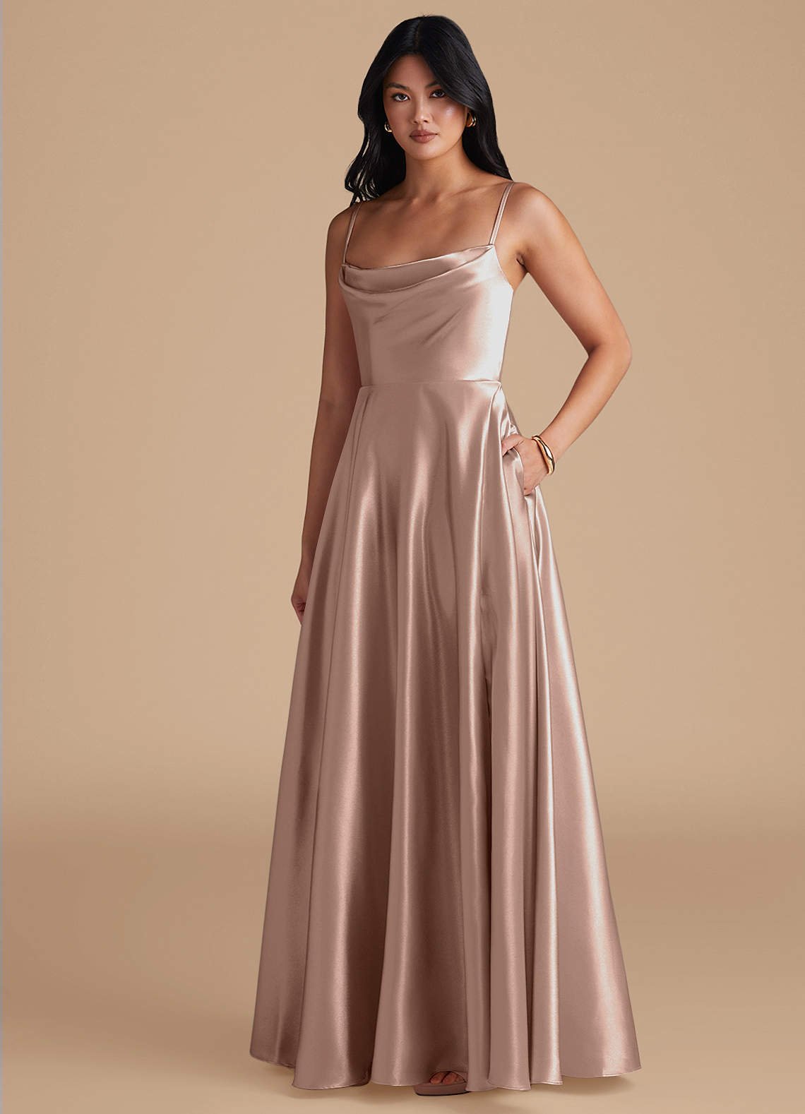 Elle A-Line Cowl-Neck Metallic Satin Bridesmaid Dress in Taupe