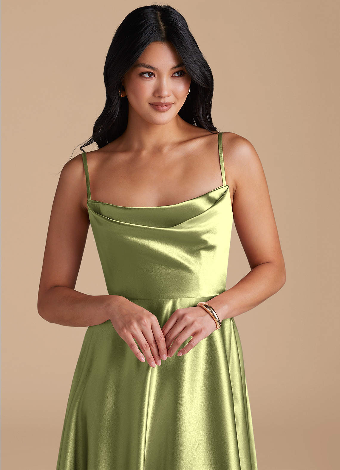 Elle A-Line Cowl-Neck Metallic Satin Bridesmaid Dress in Pistachio