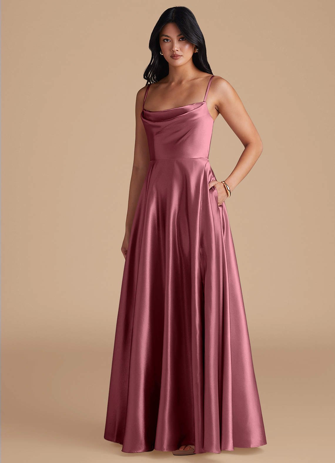 Elle A-Line Cowl-Neck Metallic Satin Bridesmaid Dress in Desert Rose