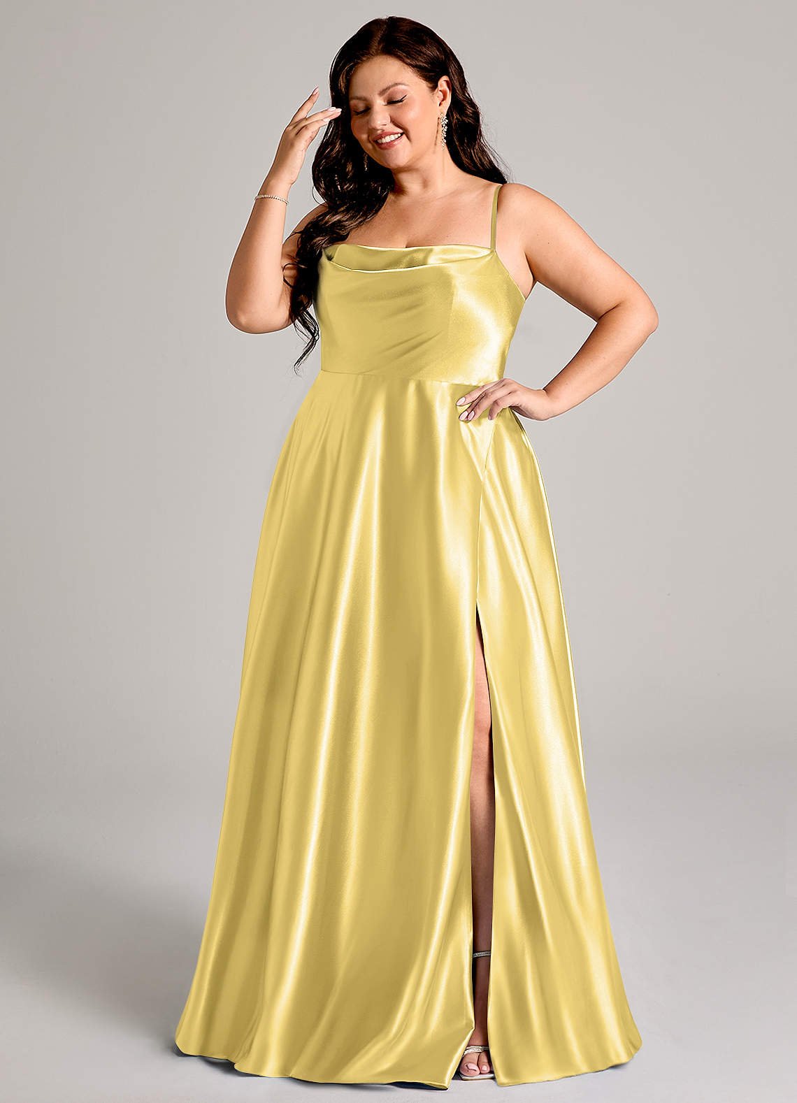 Elle A-Line Cowl-Neck Metallic Satin Bridesmaid Dress in Canary