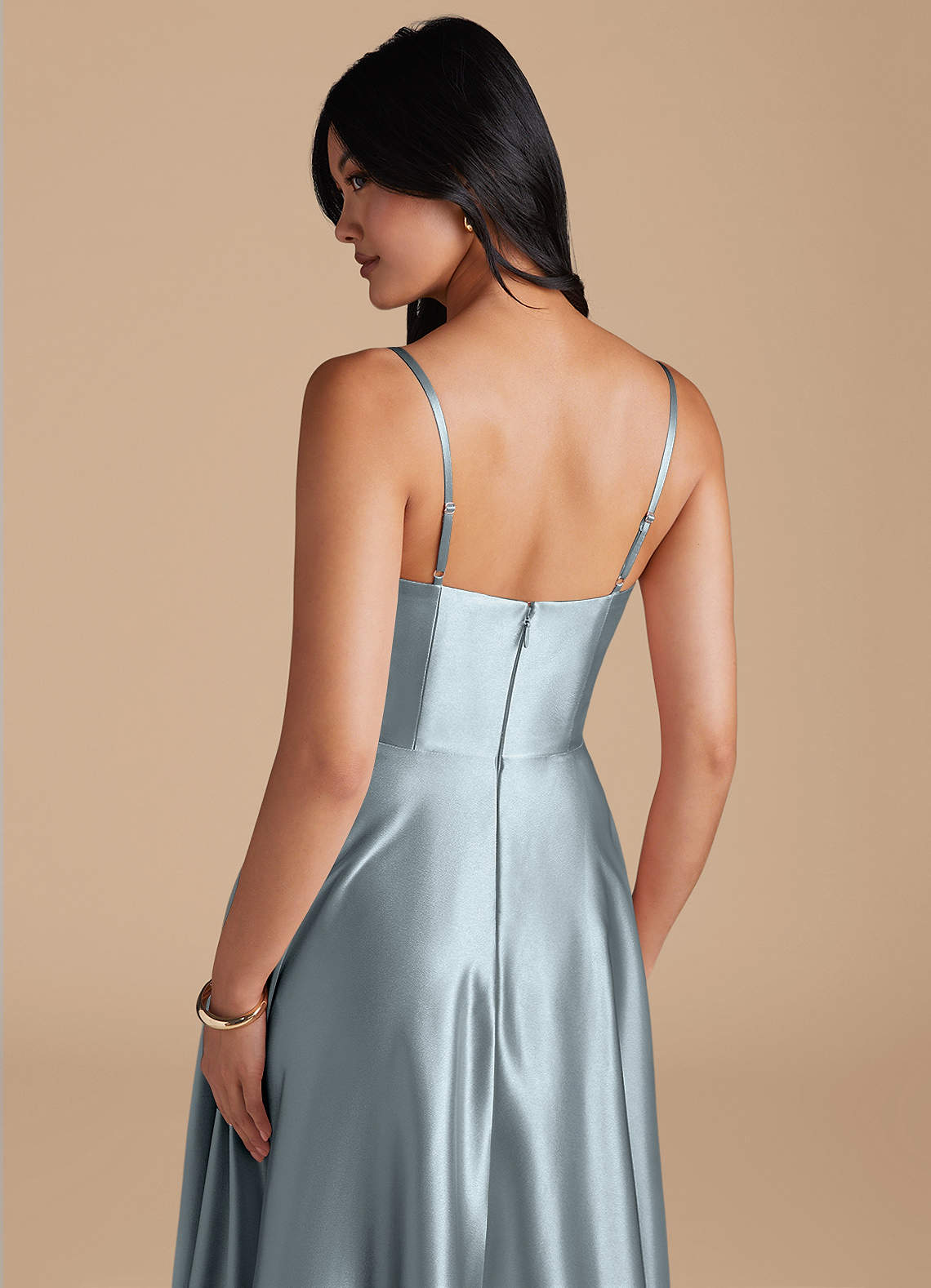 Elle A-Line Cowl-Neck Metallic Satin Bridesmaid Dress in dusty blue