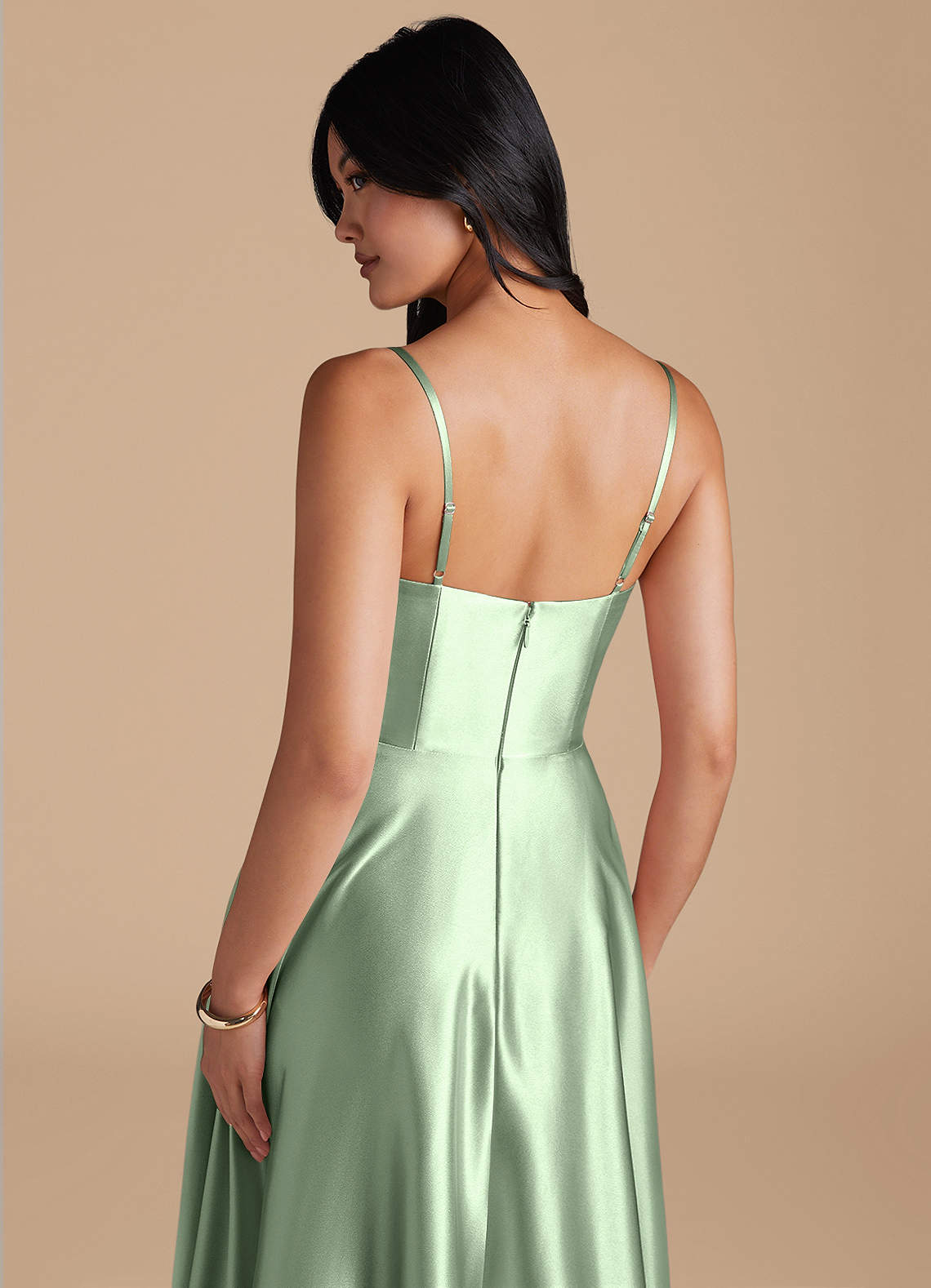 Elle A-Line Cowl-Neck Metallic Satin Bridesmaid Dress in Matcha