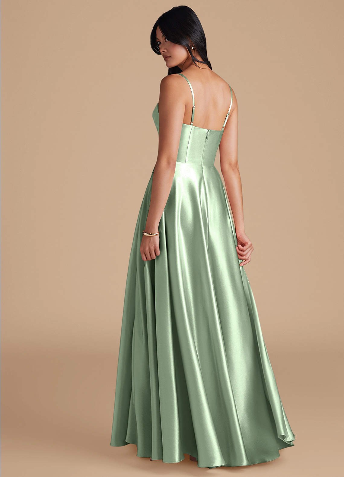 Elle A-Line Cowl-Neck Metallic Satin Bridesmaid Dress in Matcha