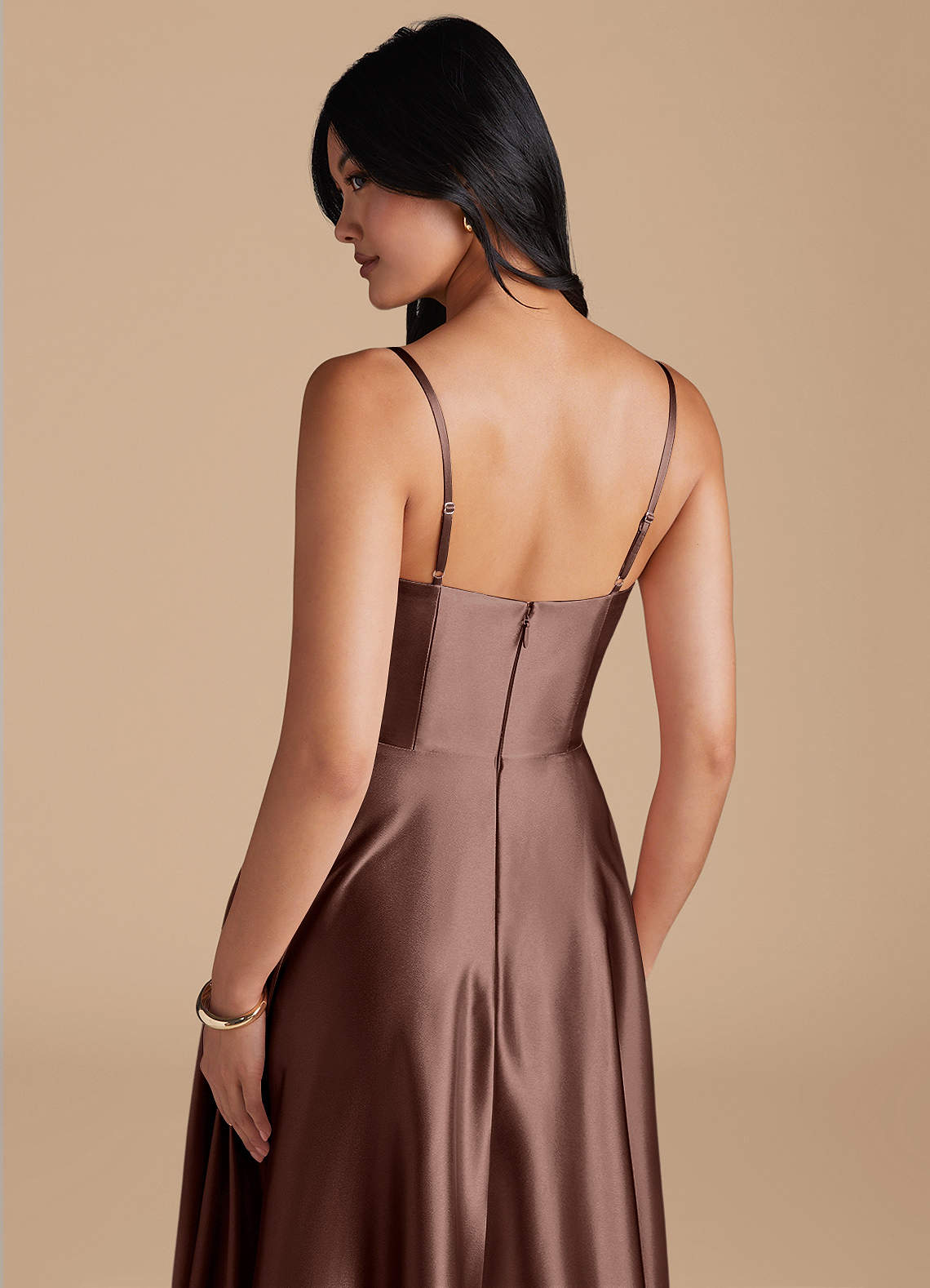 Elle A-Line Cowl-Neck Metallic Satin Bridesmaid Dress in Espresso