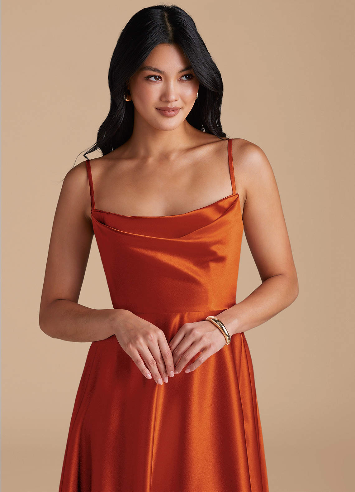 Elle A-Line Cowl-Neck Metallic Satin Bridesmaid Dress in Paprika