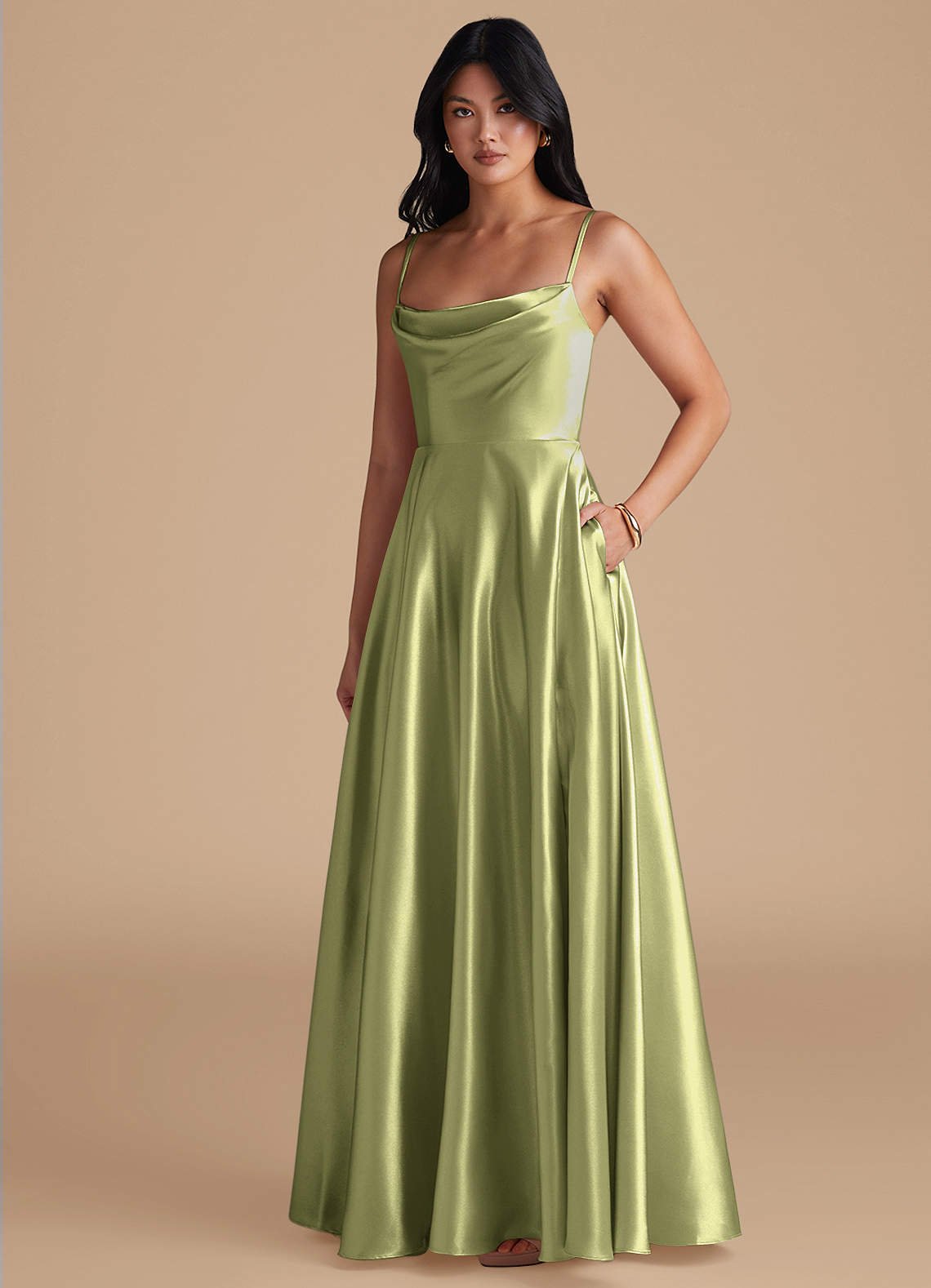 Elle A-Line Cowl-Neck Metallic Satin Bridesmaid Dress in Pistachio