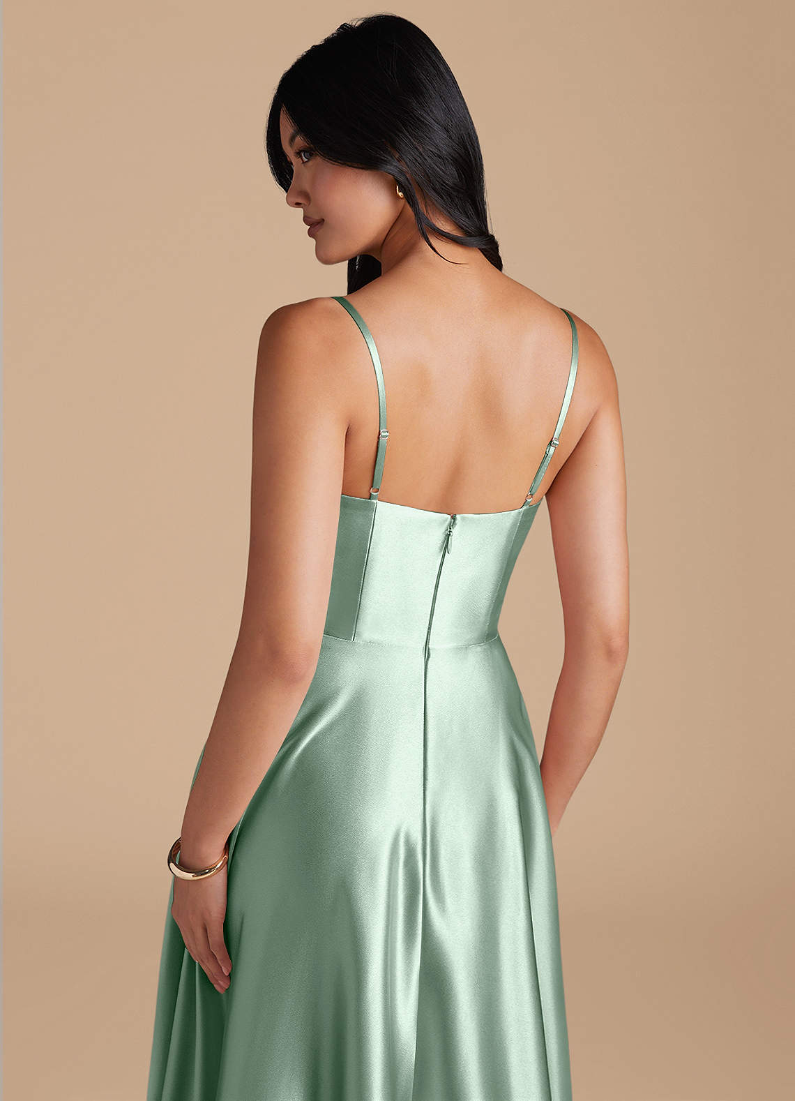 Elle A-Line Cowl-Neck Metallic Satin Bridesmaid Dress in Agave