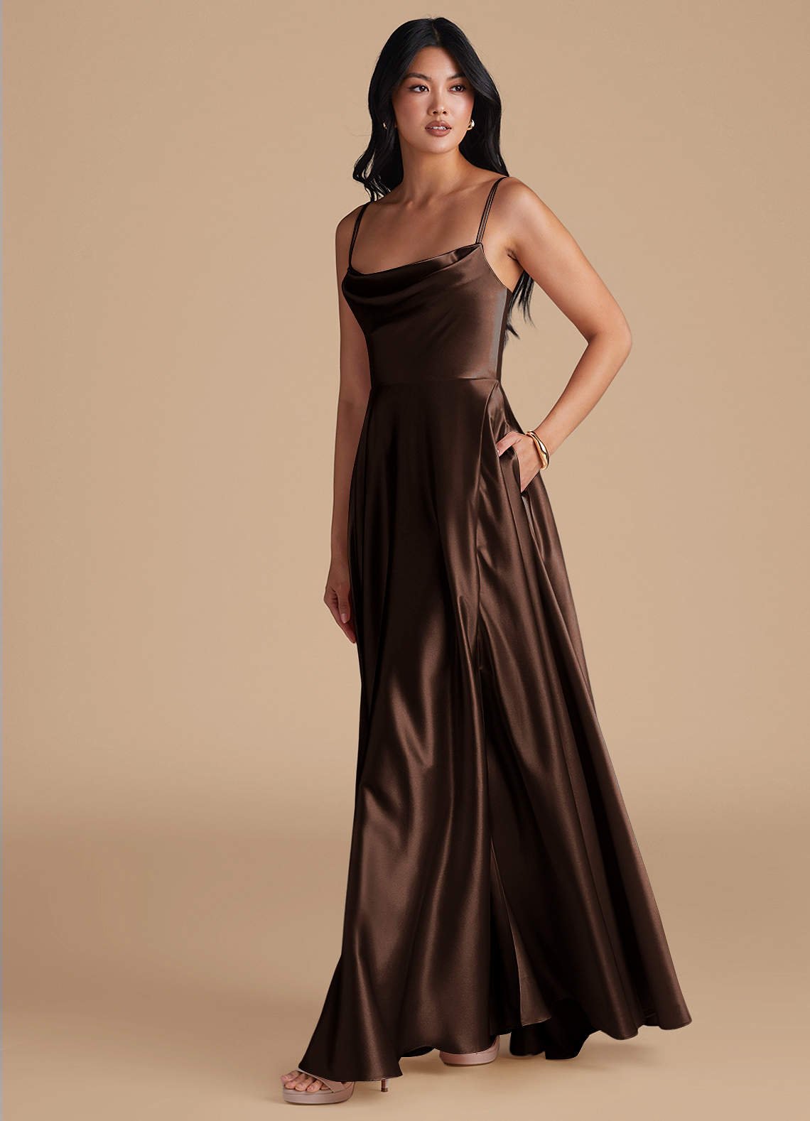 Elle A-Line Cowl-Neck Metallic Satin Bridesmaid Dress