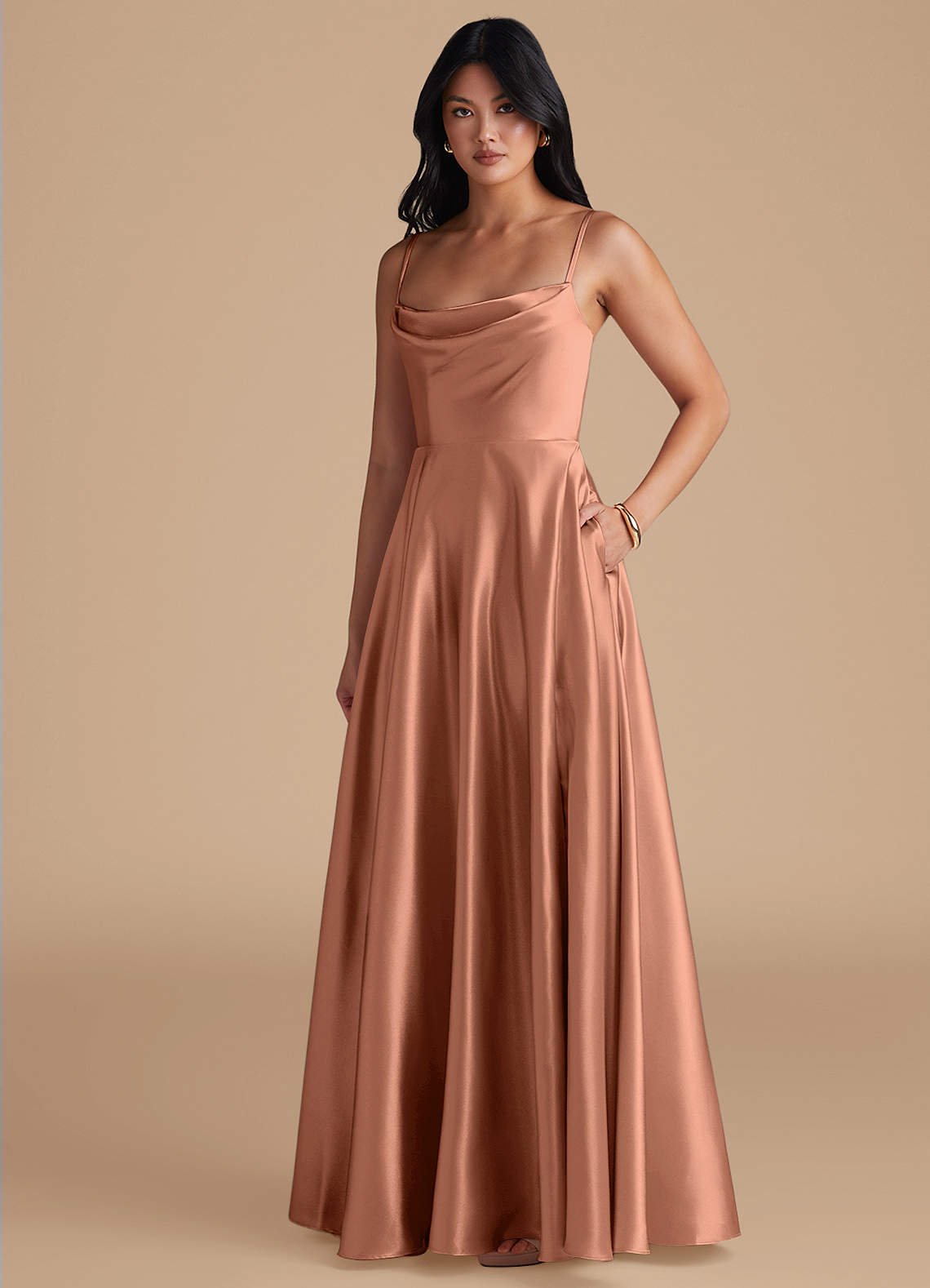 Elle A-Line Cowl-Neck Metallic Satin Bridesmaid Dress in Bronzer