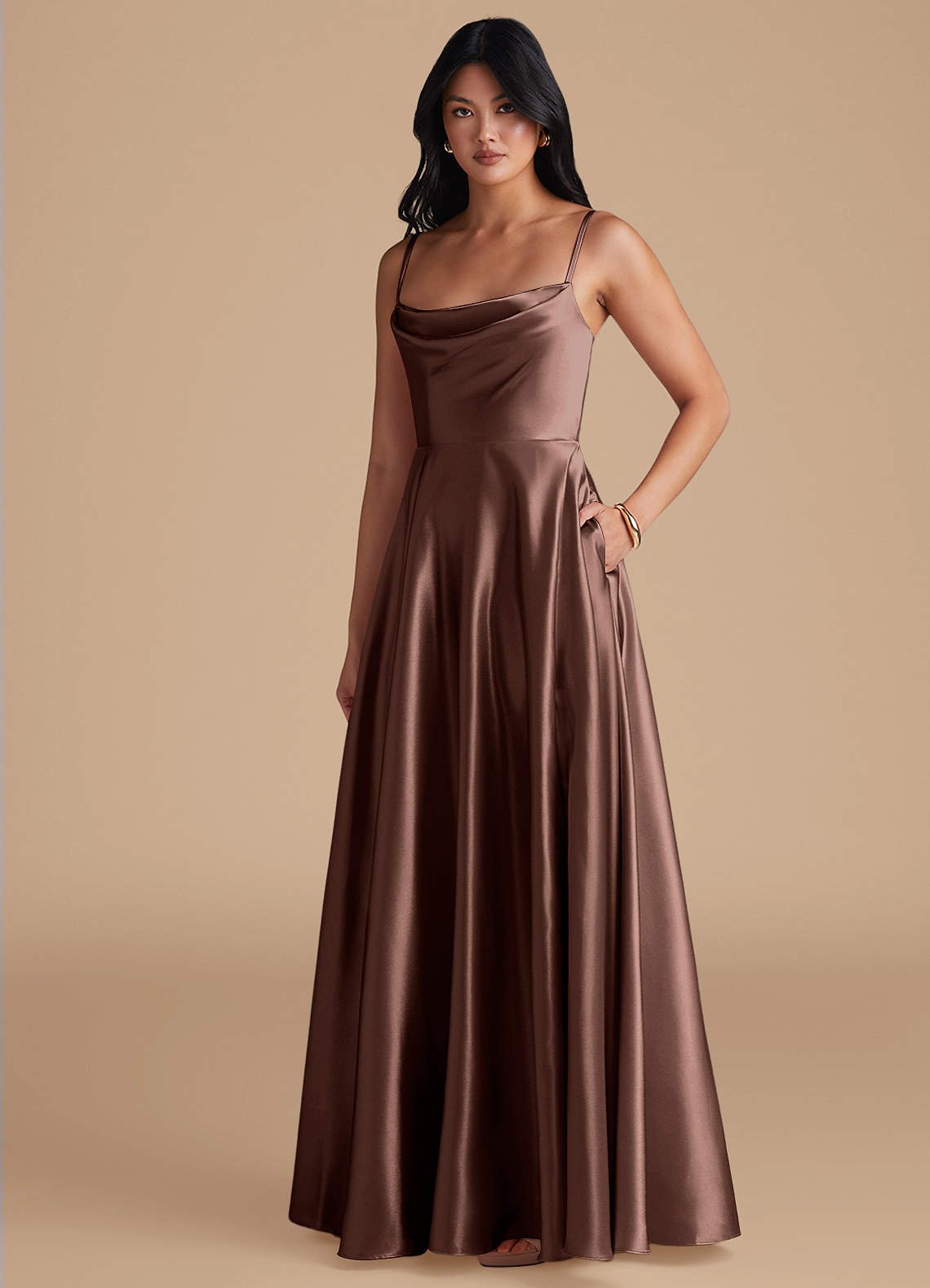 Elle A-Line Cowl-Neck Metallic Satin Bridesmaid Dress in Espresso
