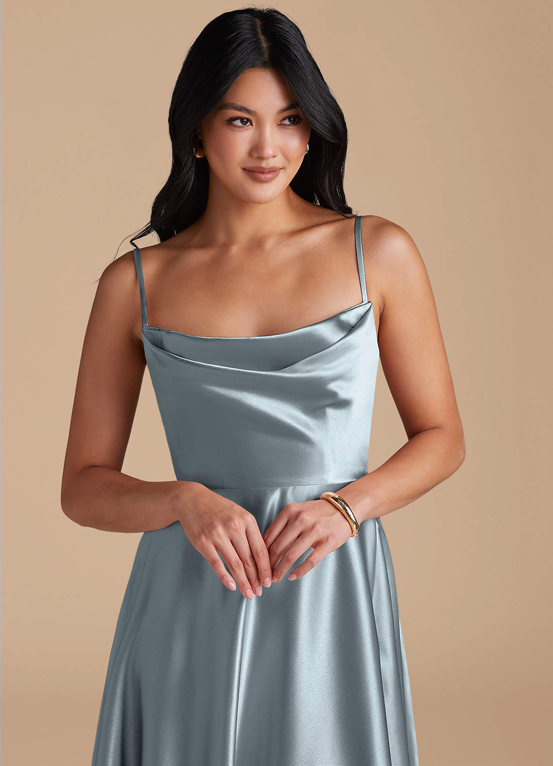 Elle A-Line Cowl-Neck Metallic Satin Bridesmaid Dress in dusty blue