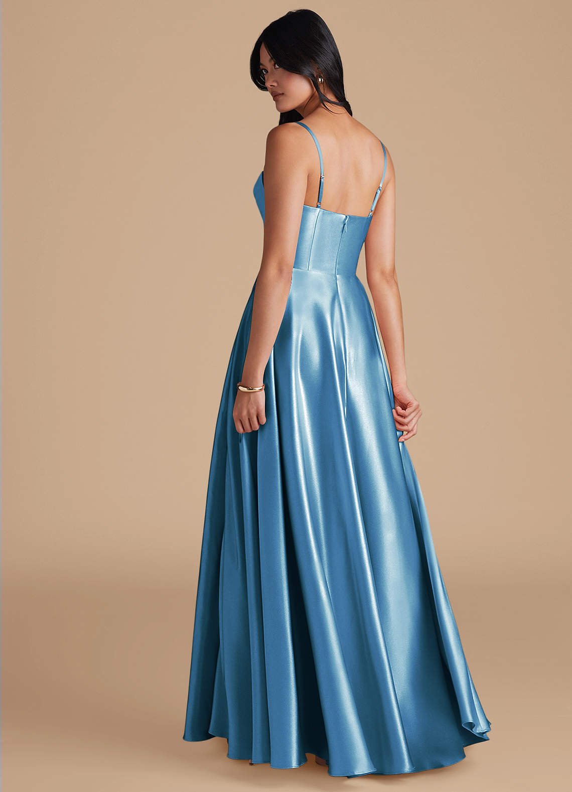 Elle A-Line Cowl-Neck Metallic Satin Bridesmaid Dress in Steel Blue