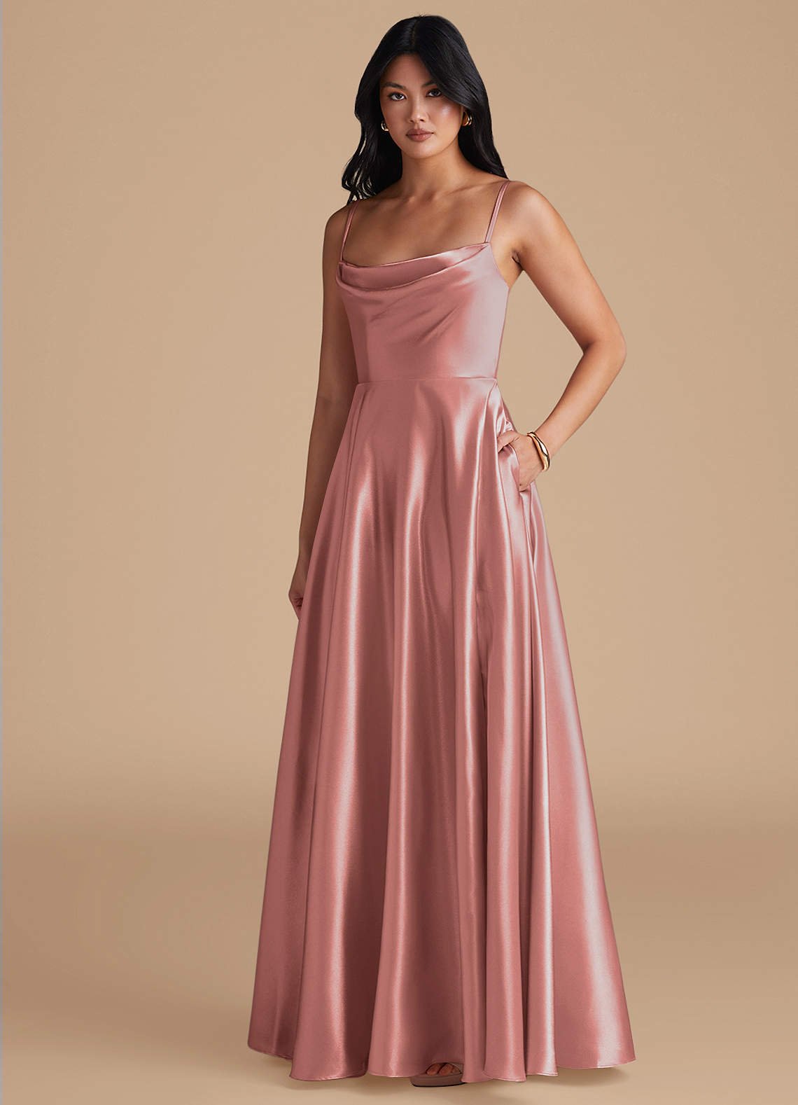 Elle A-Line Cowl-Neck Metallic Satin Bridesmaid Dress in dusty rose