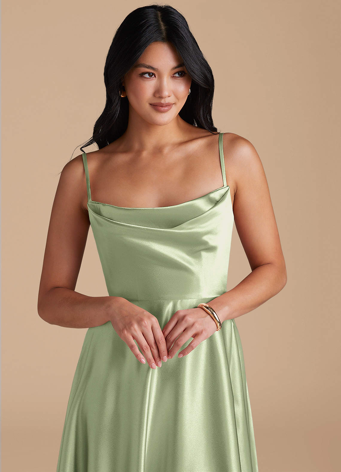 Elle A-Line Cowl-Neck Metallic Satin Bridesmaid Dress in Dusty Sage