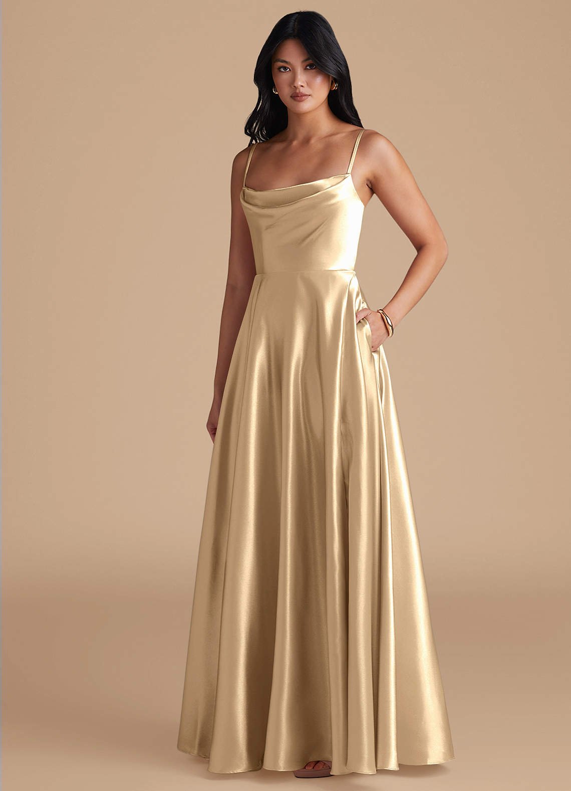 Elle A-Line Cowl-Neck Metallic Satin Bridesmaid Dress in Champagne