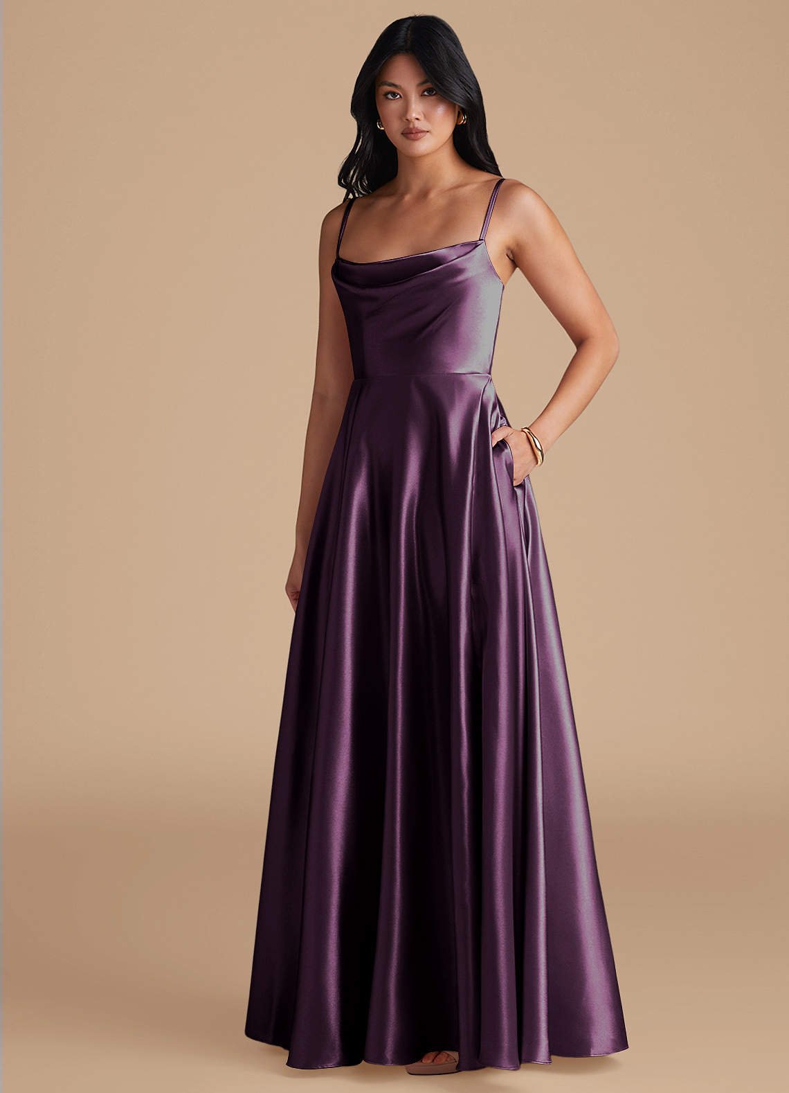 Elle A-Line Cowl-Neck Metallic Satin Bridesmaid Dress in Plum