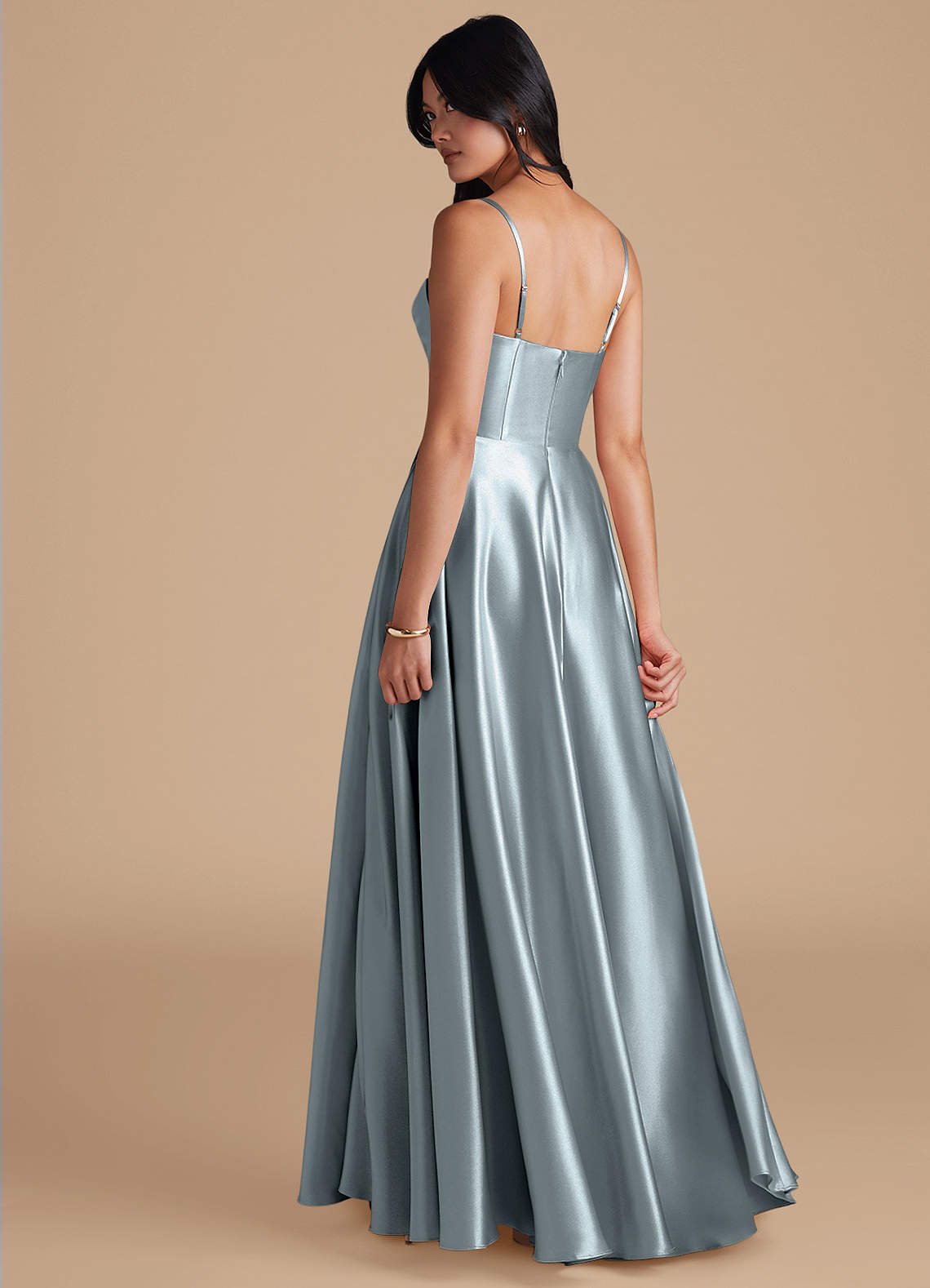Elle A-Line Cowl-Neck Metallic Satin Bridesmaid Dress in dusty blue