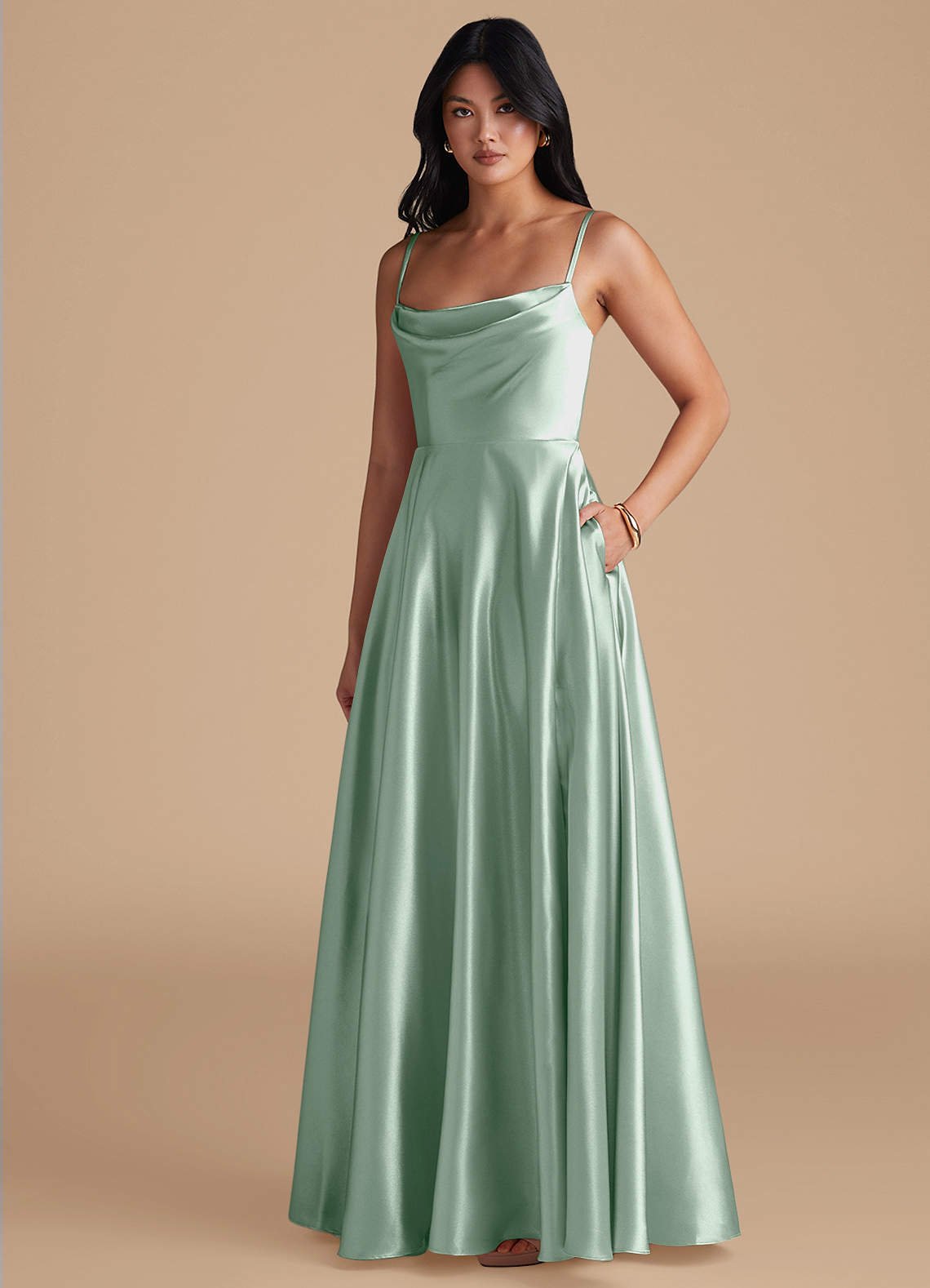 Elle A-Line Cowl-Neck Metallic Satin Bridesmaid Dress in Agave