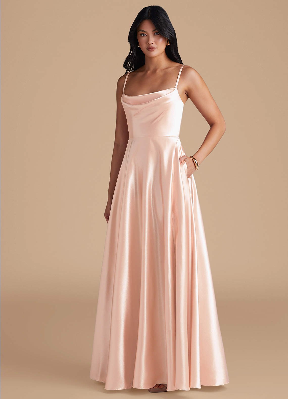 Elle A-Line Cowl-Neck Metallic Satin Bridesmaid Dress in rose gold