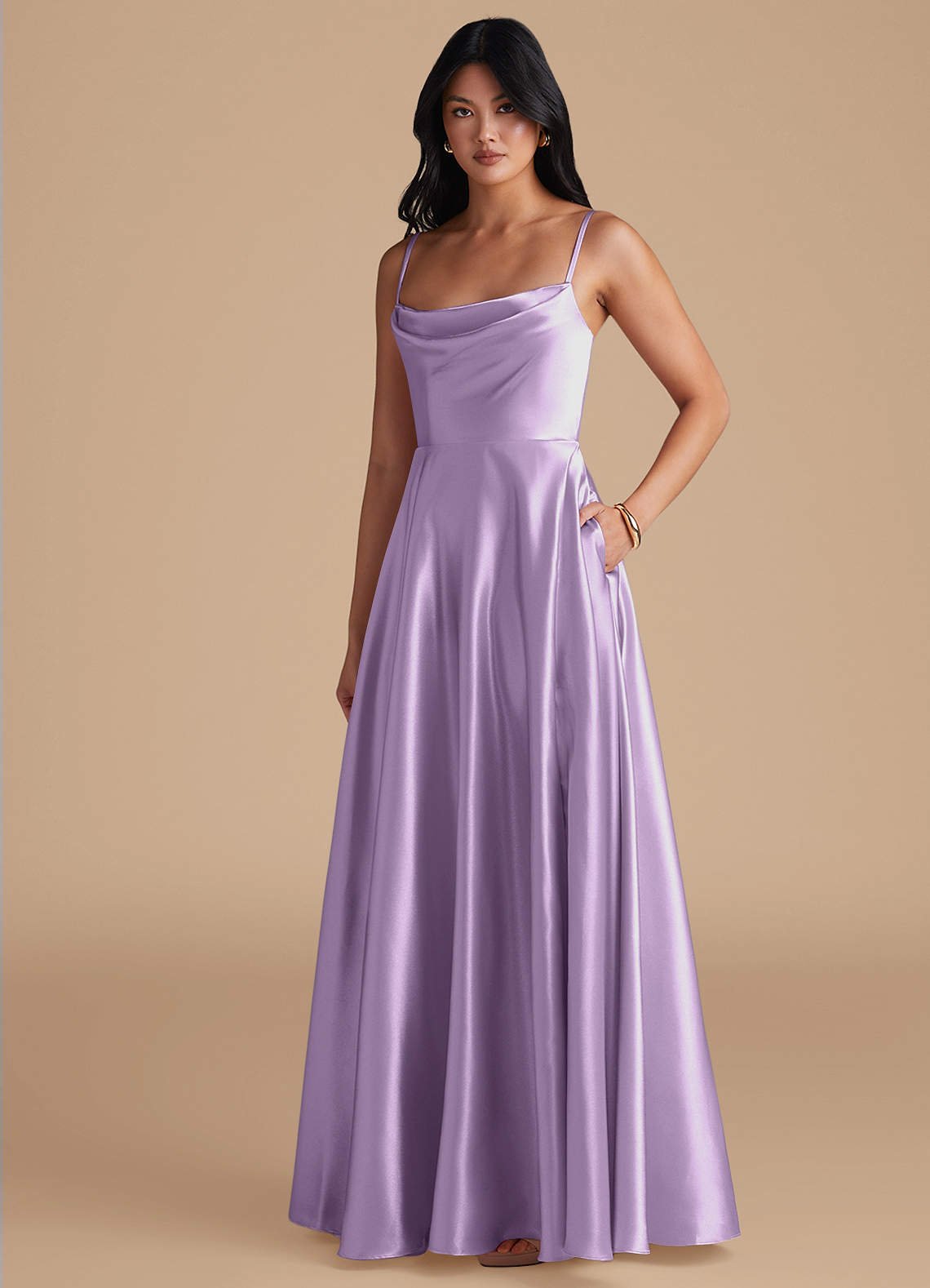 Elle A-Line Cowl-Neck Metallic Satin Bridesmaid Dress in Lilac