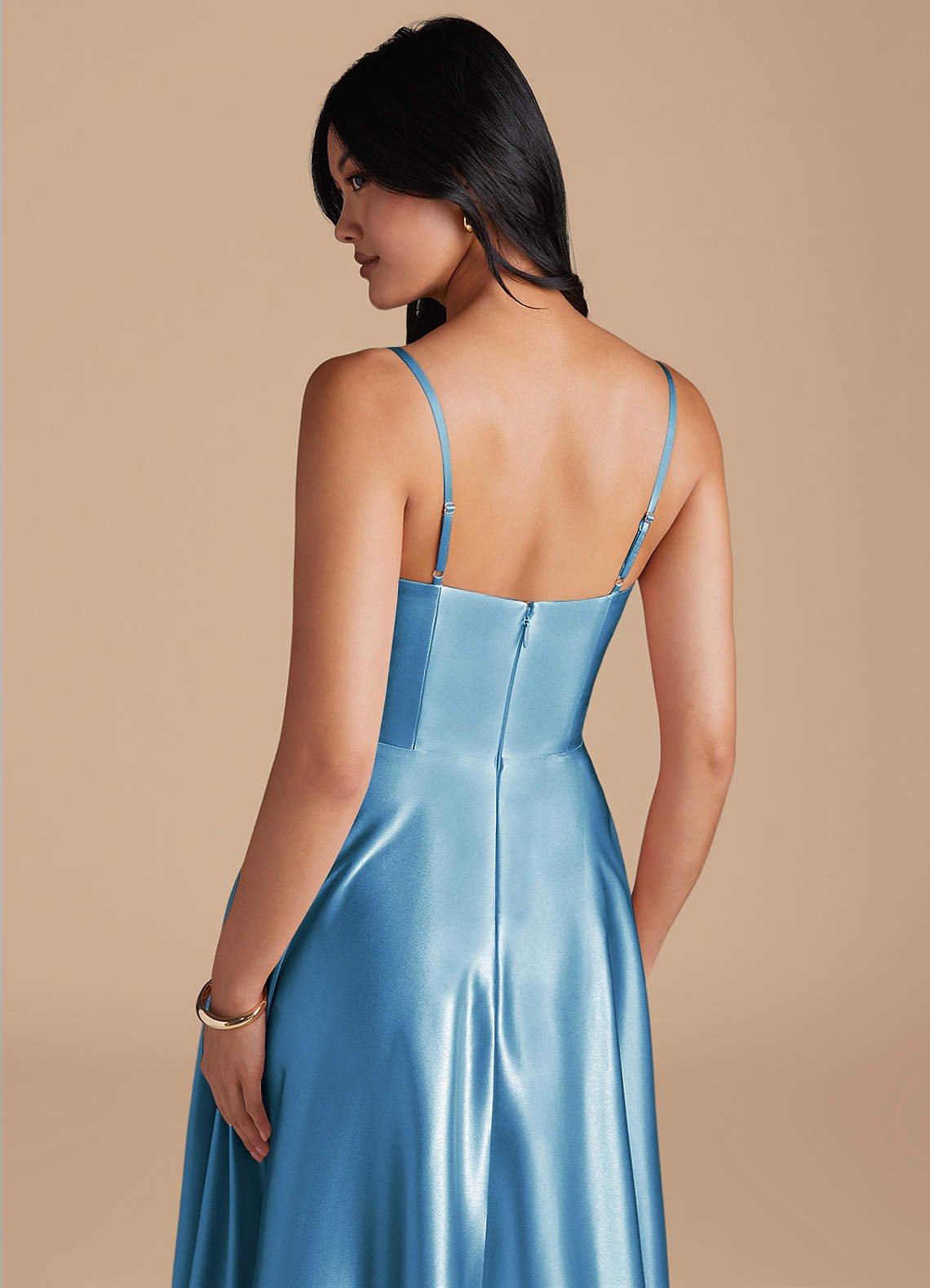 Elle A-Line Cowl-Neck Metallic Satin Bridesmaid Dress in Steel Blue