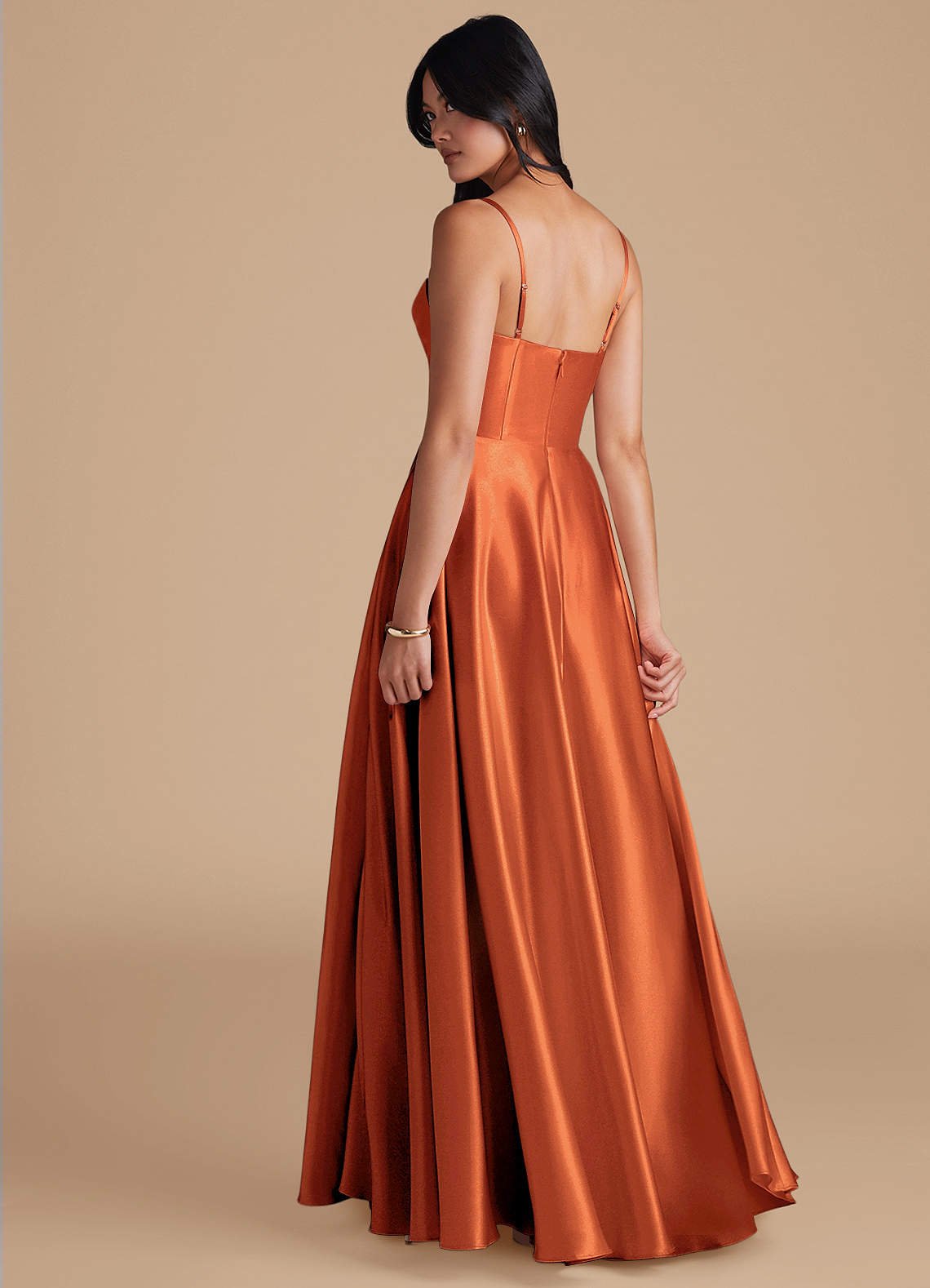 Elle A-Line Cowl-Neck Metallic Satin Bridesmaid Dress in Burnt Orange