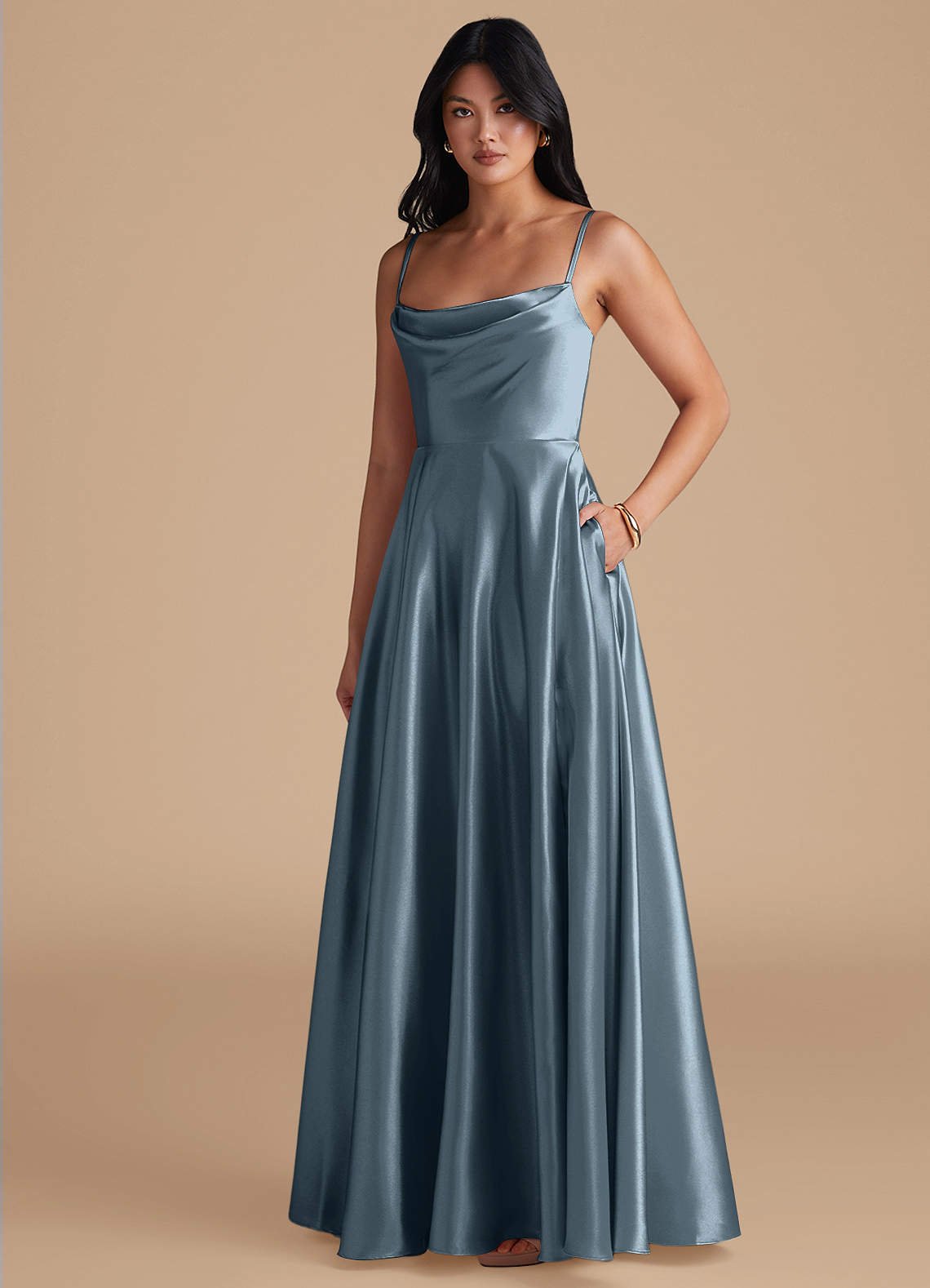 Elle A-Line Cowl-Neck Metallic Satin Bridesmaid Dress in Twilight