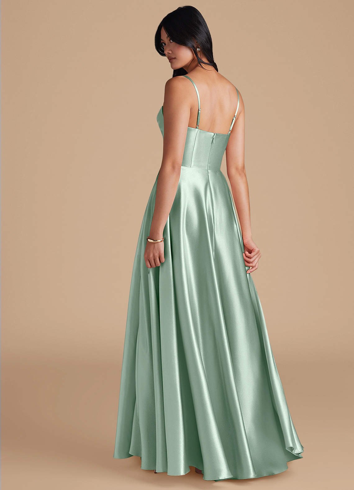 Elle A-Line Cowl-Neck Metallic Satin Bridesmaid Dress in Agave