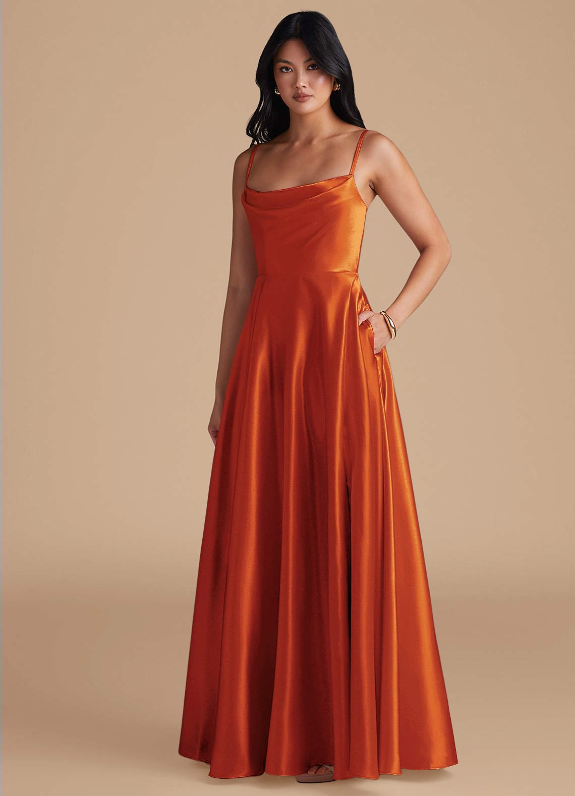Elle A-Line Cowl-Neck Metallic Satin Bridesmaid Dress in Paprika