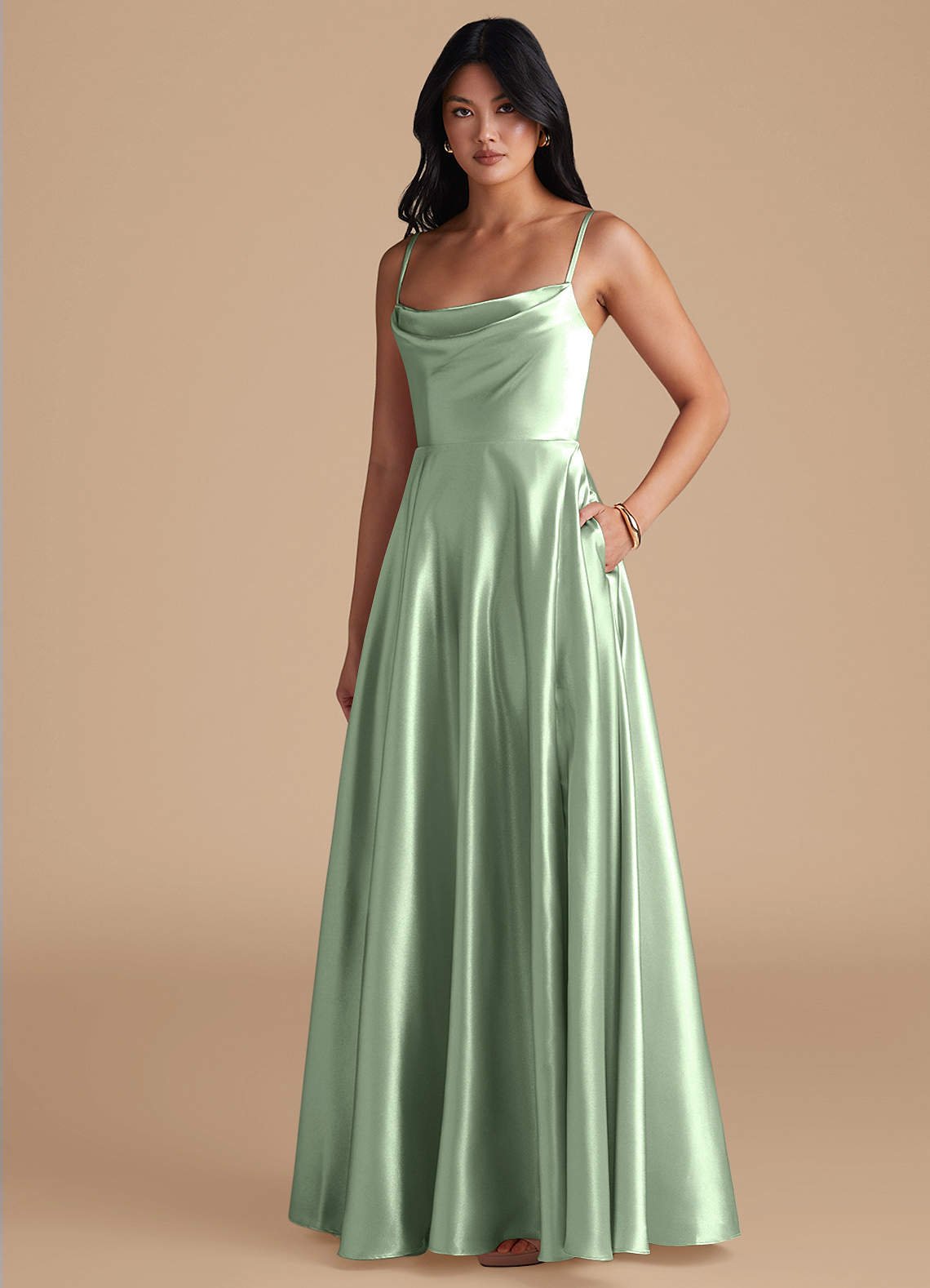 Elle A-Line Cowl-Neck Metallic Satin Bridesmaid Dress in Matcha