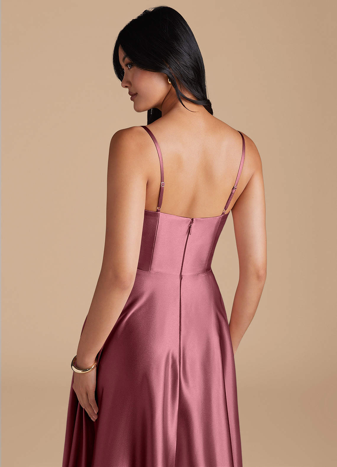 Elle A-Line Cowl-Neck Metallic Satin Bridesmaid Dress in Desert Rose