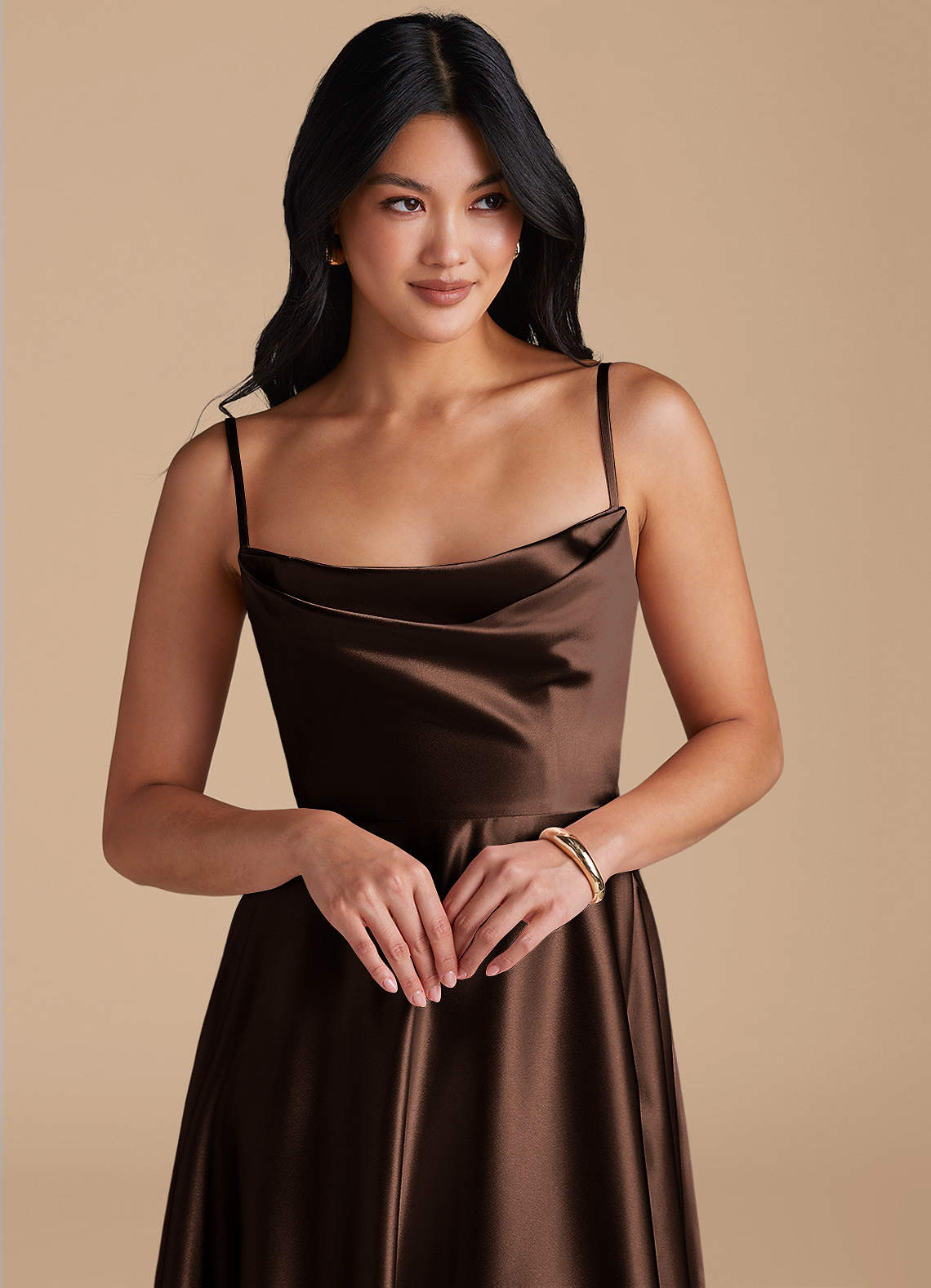 Elle A-Line Cowl-Neck Metallic Satin Bridesmaid Dress in Ganache