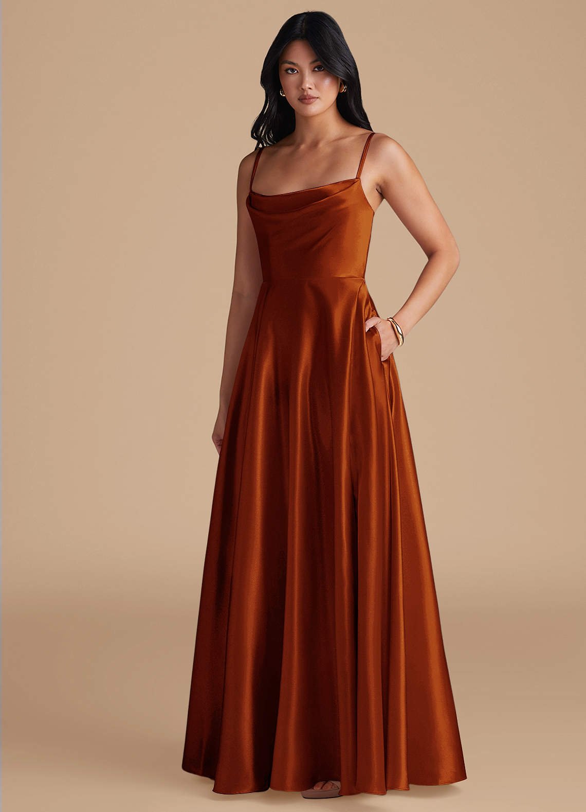 Elle A-Line Cowl-Neck Metallic Satin Bridesmaid Dress in Auburn