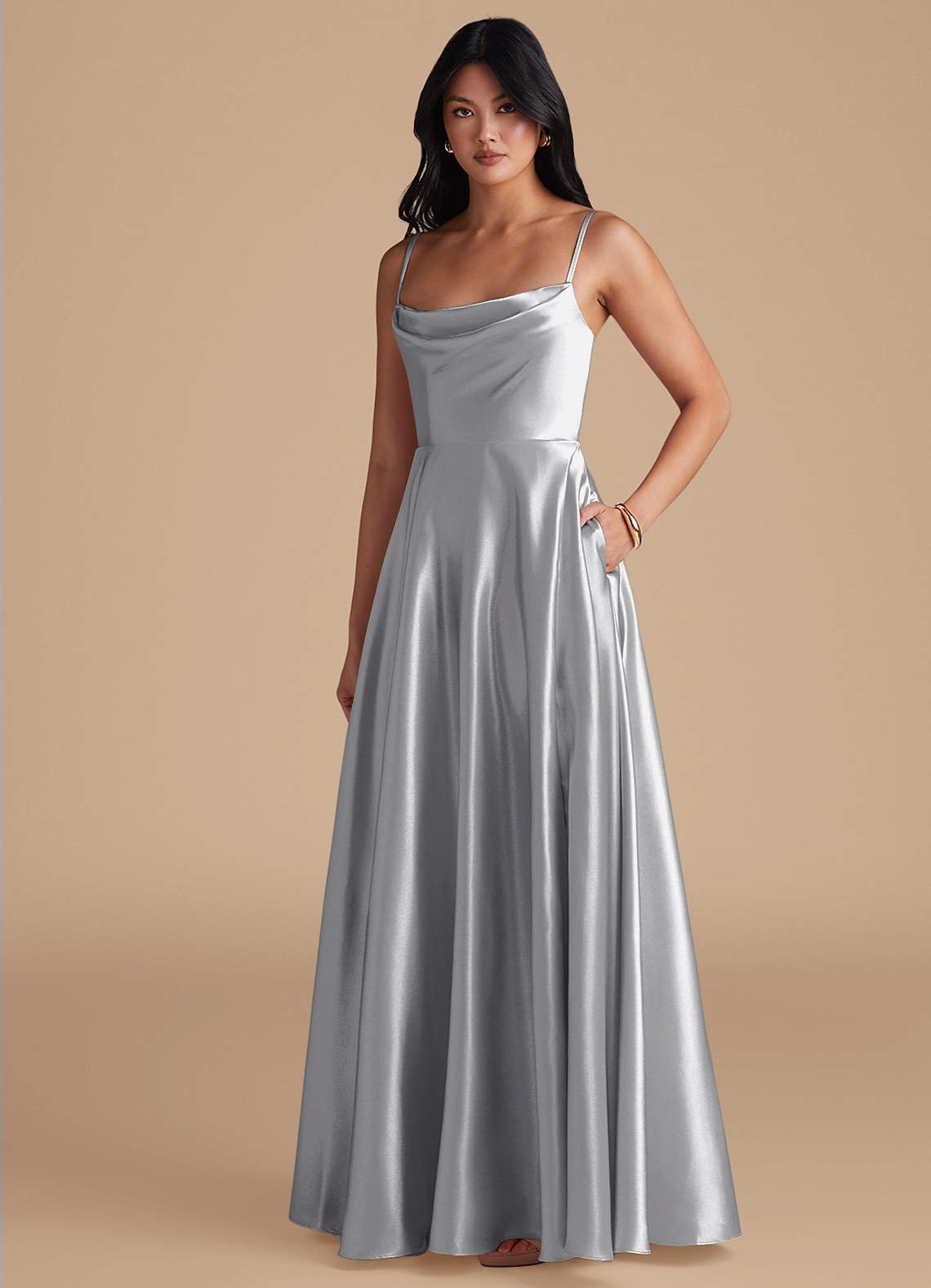 Elle A-Line Cowl-Neck Metallic Satin Bridesmaid Dress in Silver
